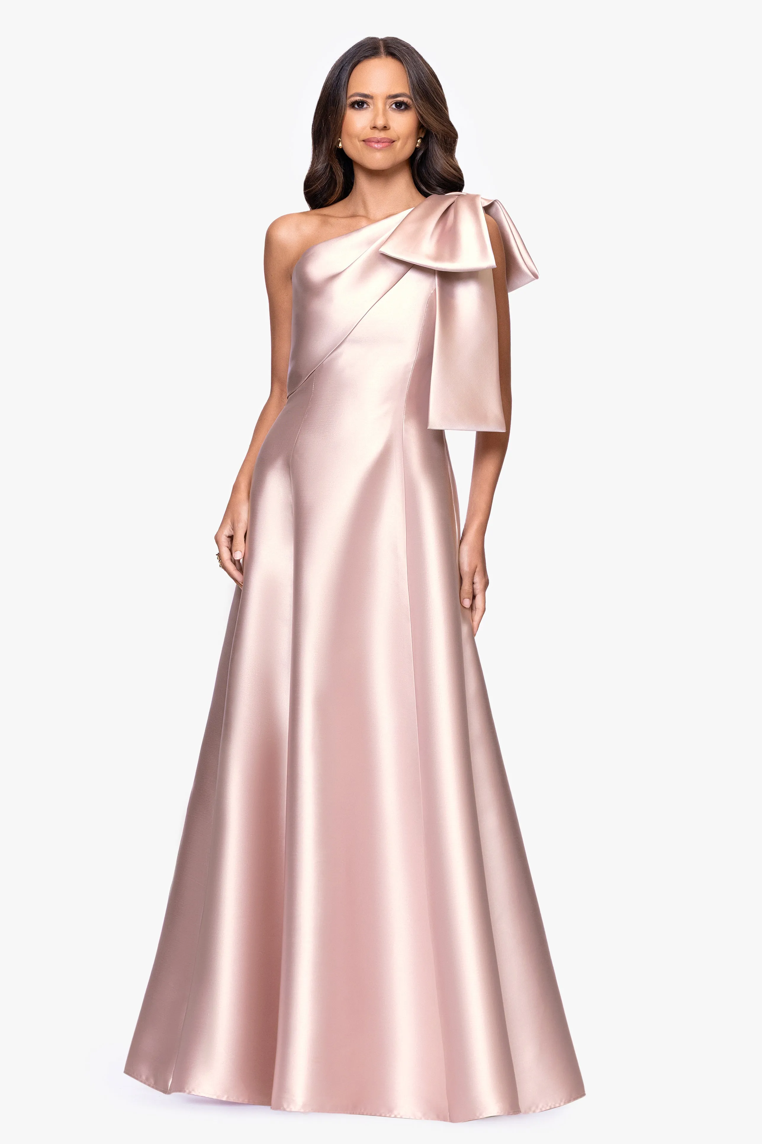 "Rachel" Mikado One Shoulder Bow A-Line Floor Length Dress sold by Betsy & Adam