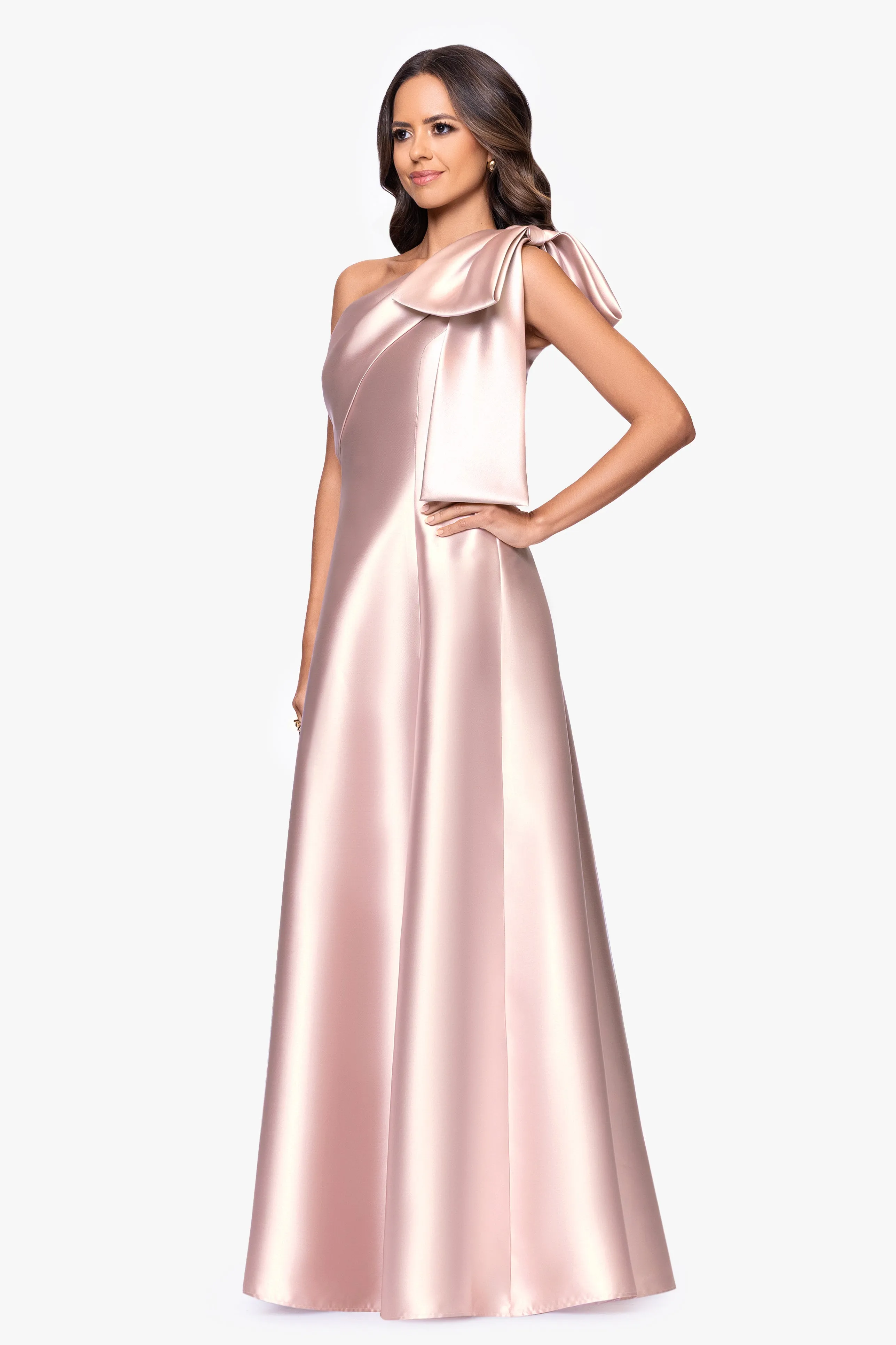 "Rachel" Mikado One Shoulder Bow A-Line Floor Length Dress sold by Betsy & Adam product image thumbnail 4