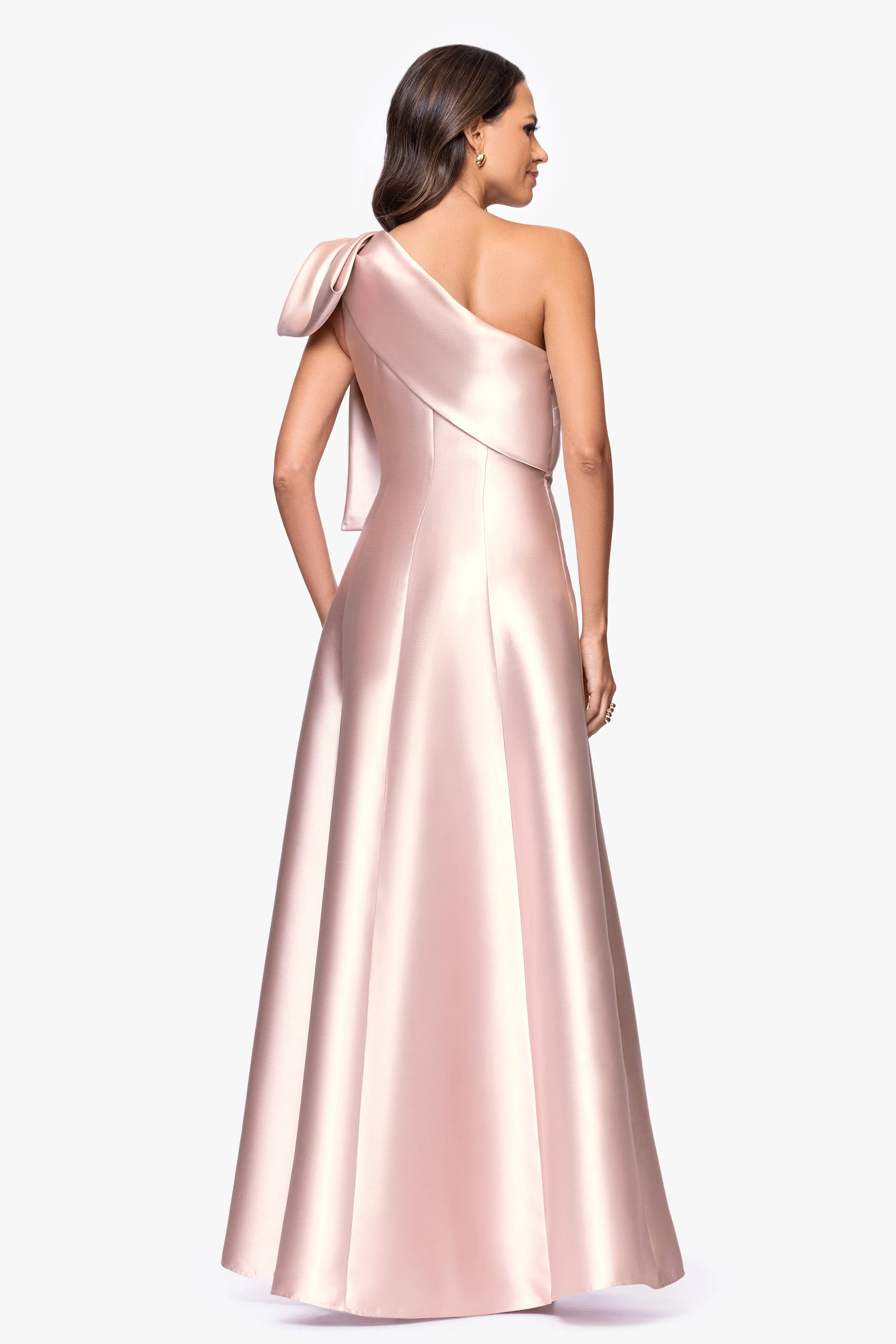 "Rachel" Mikado One Shoulder Bow A-Line Floor Length Dress sold by Betsy & Adam product image thumbnail 3