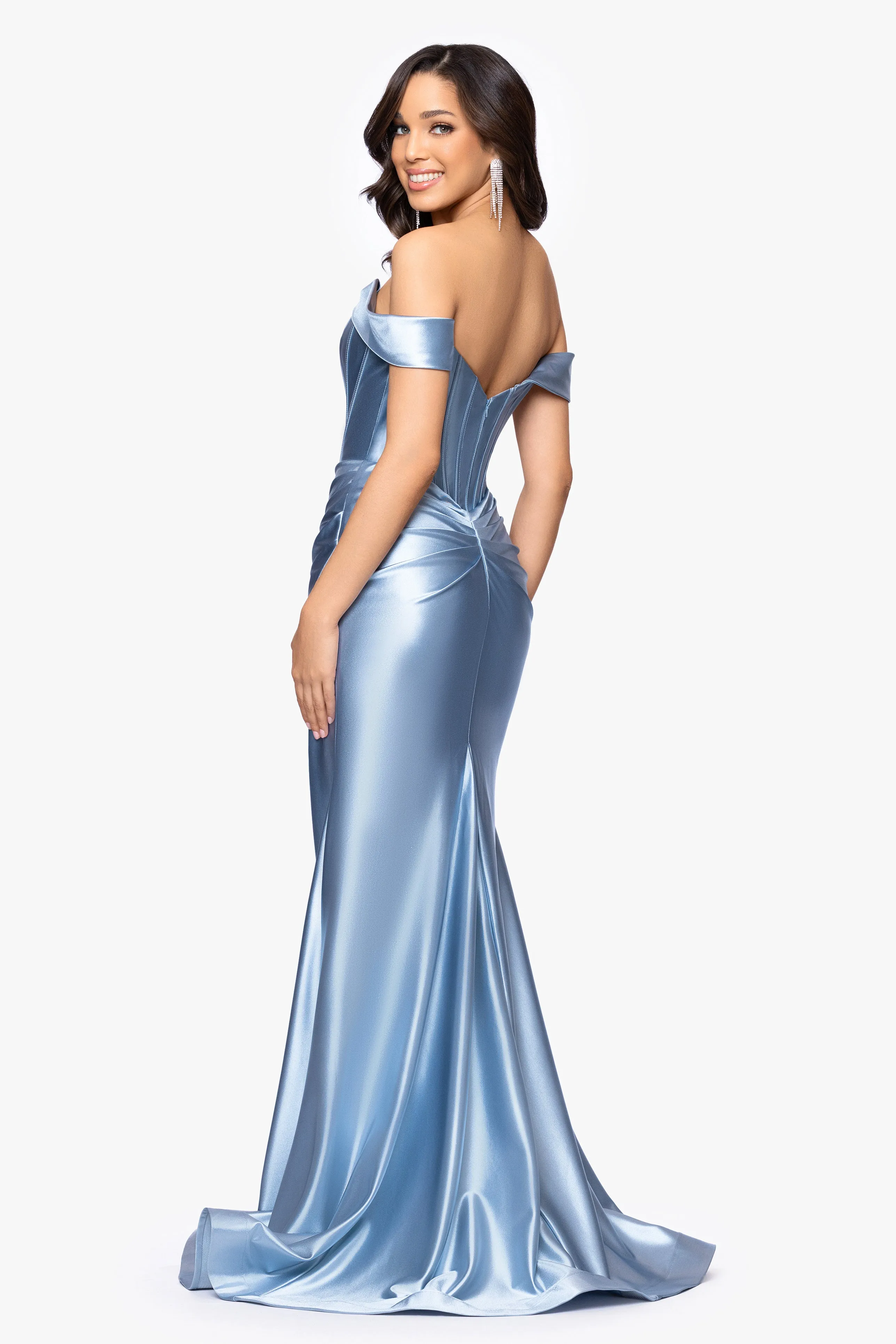 "Luanna" Satin Off Shoulder Corset Floor Length Dress sold by Betsy & Adam product image thumbnail 3