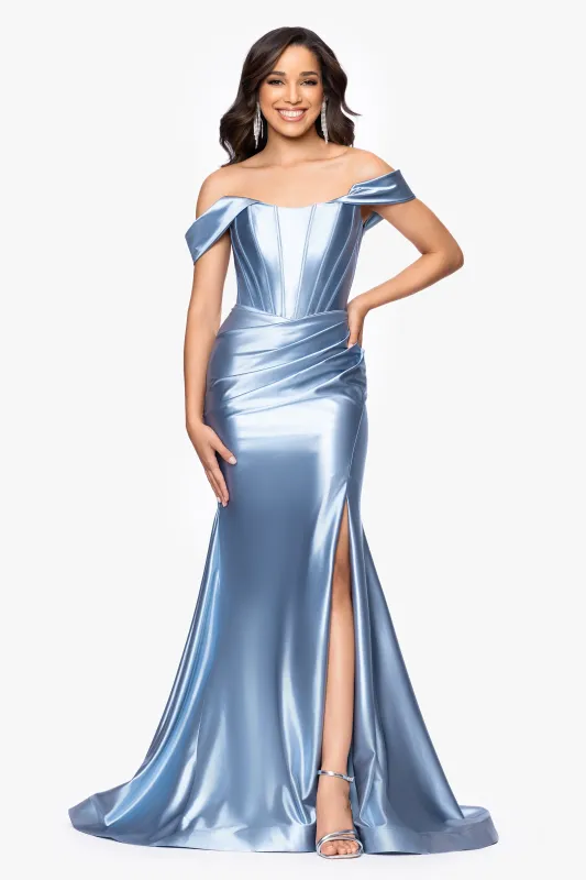 "Luanna" Satin Off Shoulder Corset Floor Length Dress sold by Betsy & Adam