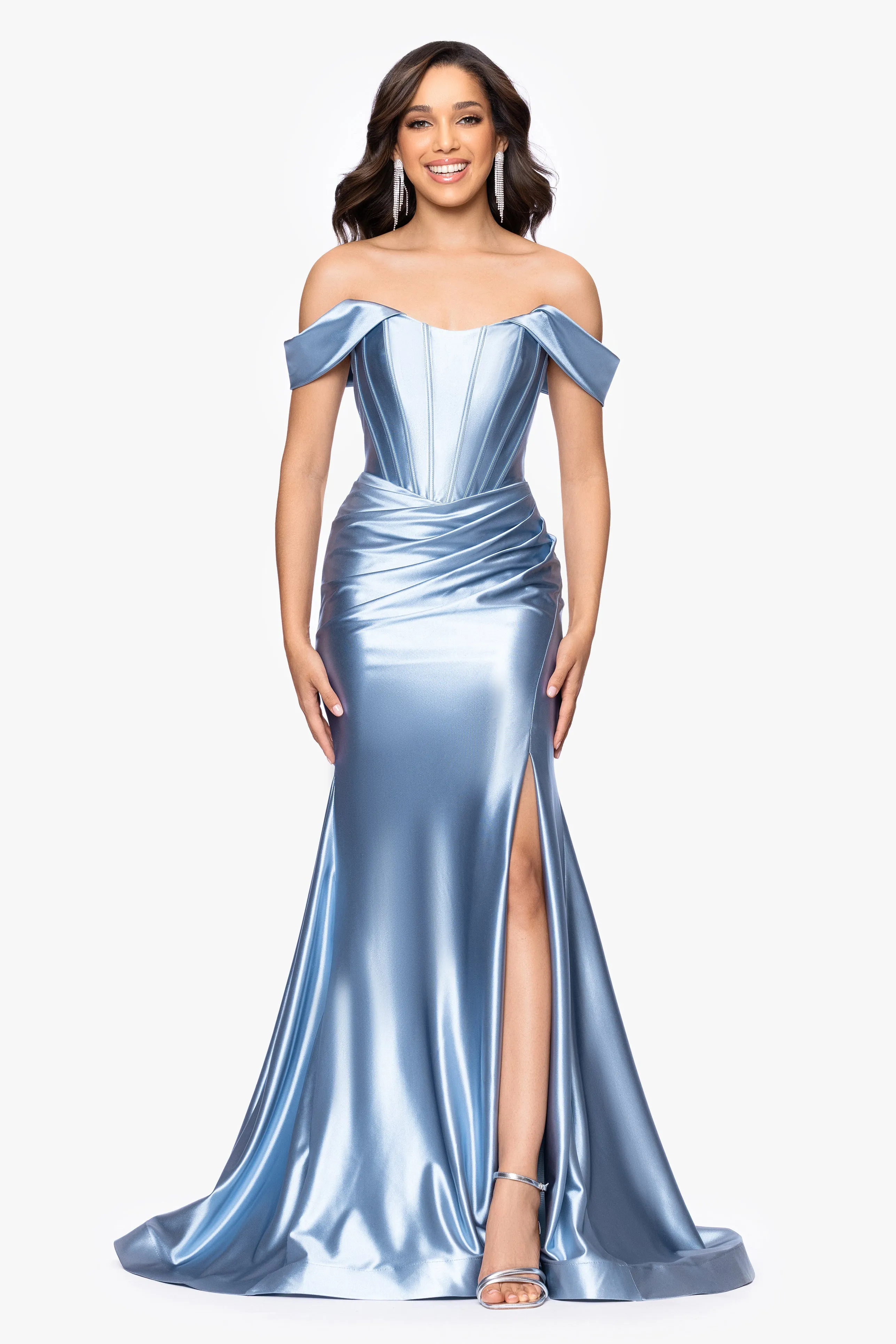 "Luanna" Satin Off Shoulder Corset Floor Length Dress sold by Betsy & Adam product image thumbnail 5