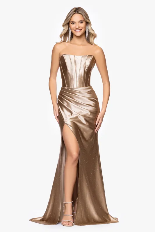 "Kenya" Satin Strapless Corset Floor Length Dress sold by Betsy & Adam