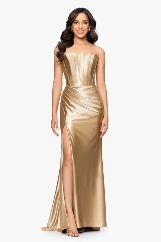 "Noelle" Satin Strapless Corset Floor Length Dress sold by Betsy & Adam