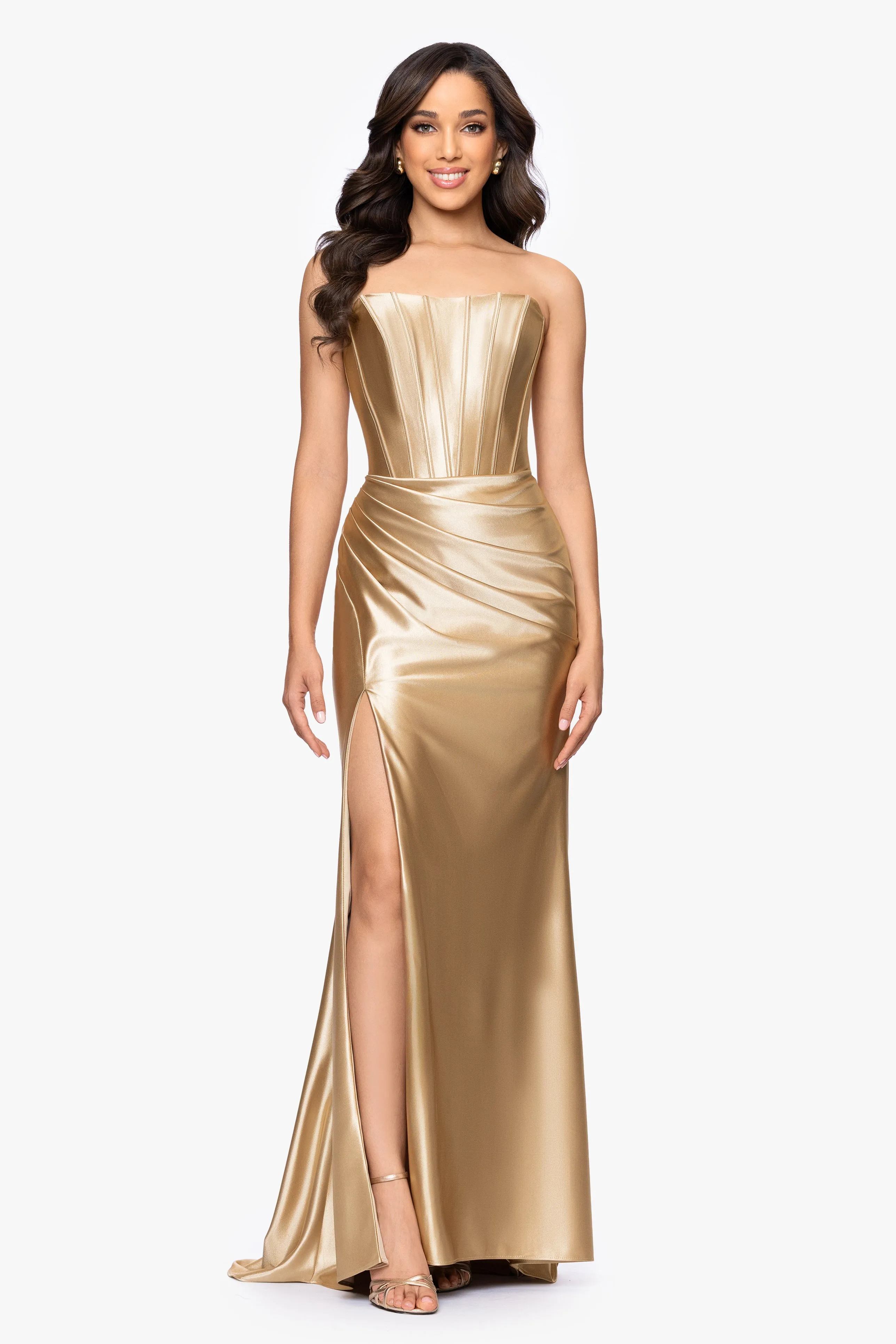 "Noelle" Satin Strapless Corset Floor Length Dress sold by Betsy & Adam