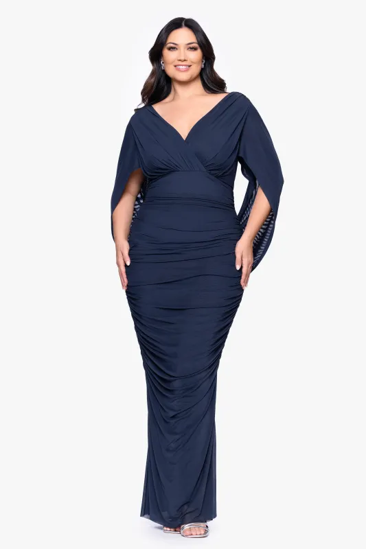 Plus "Kristen" Mesh Drape Back Floor Length Dress sold by Betsy & Adam