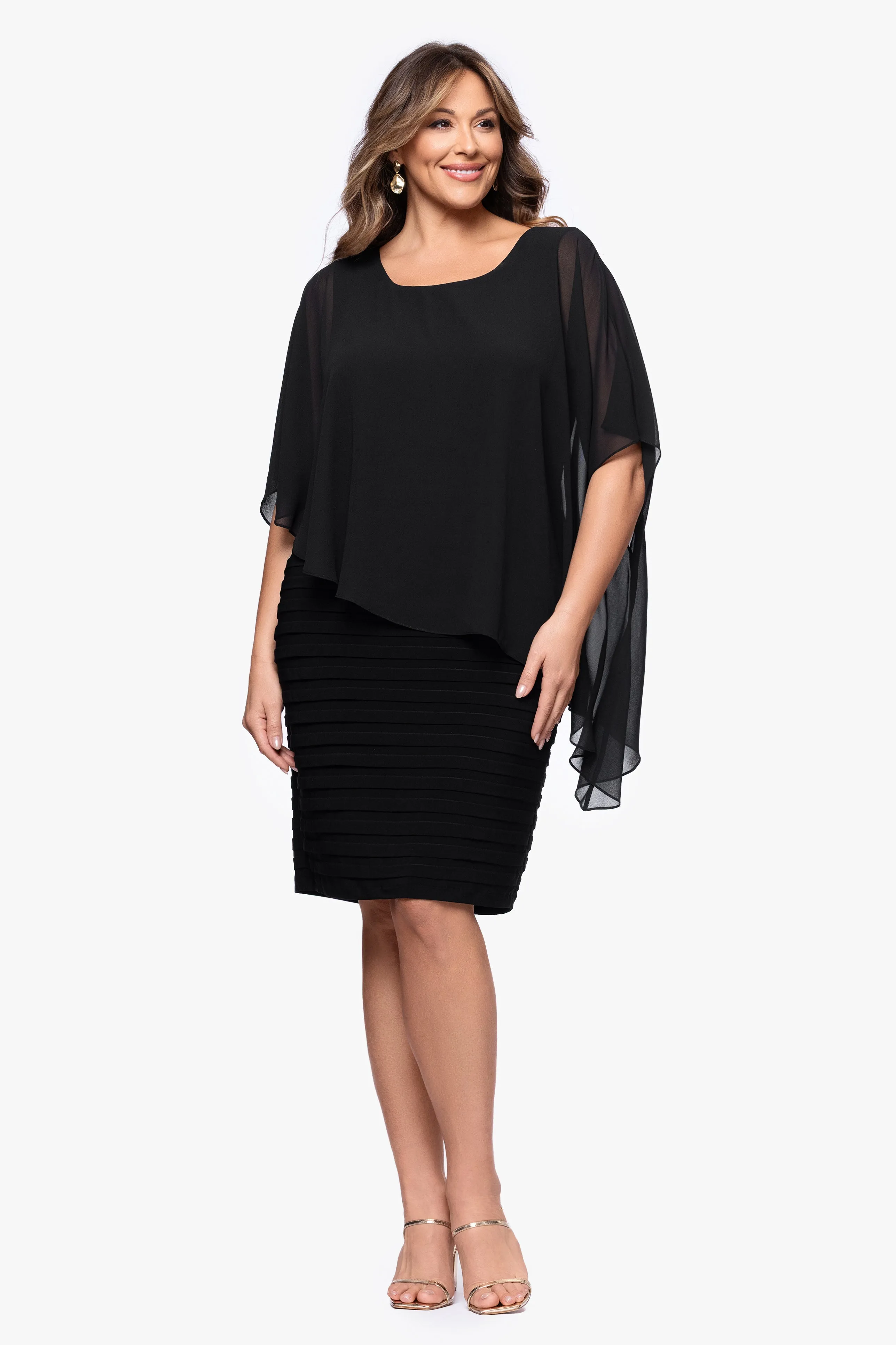 Plus "Charlotte" Short Chiffon Cape Scuba Crepe Shutter Dress sold by Betsy & Adam