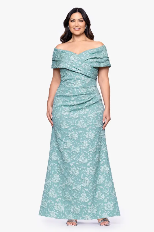 Plus "April" Jacquard Off the Shoulder Floor Length Dress sold by Betsy & Adam