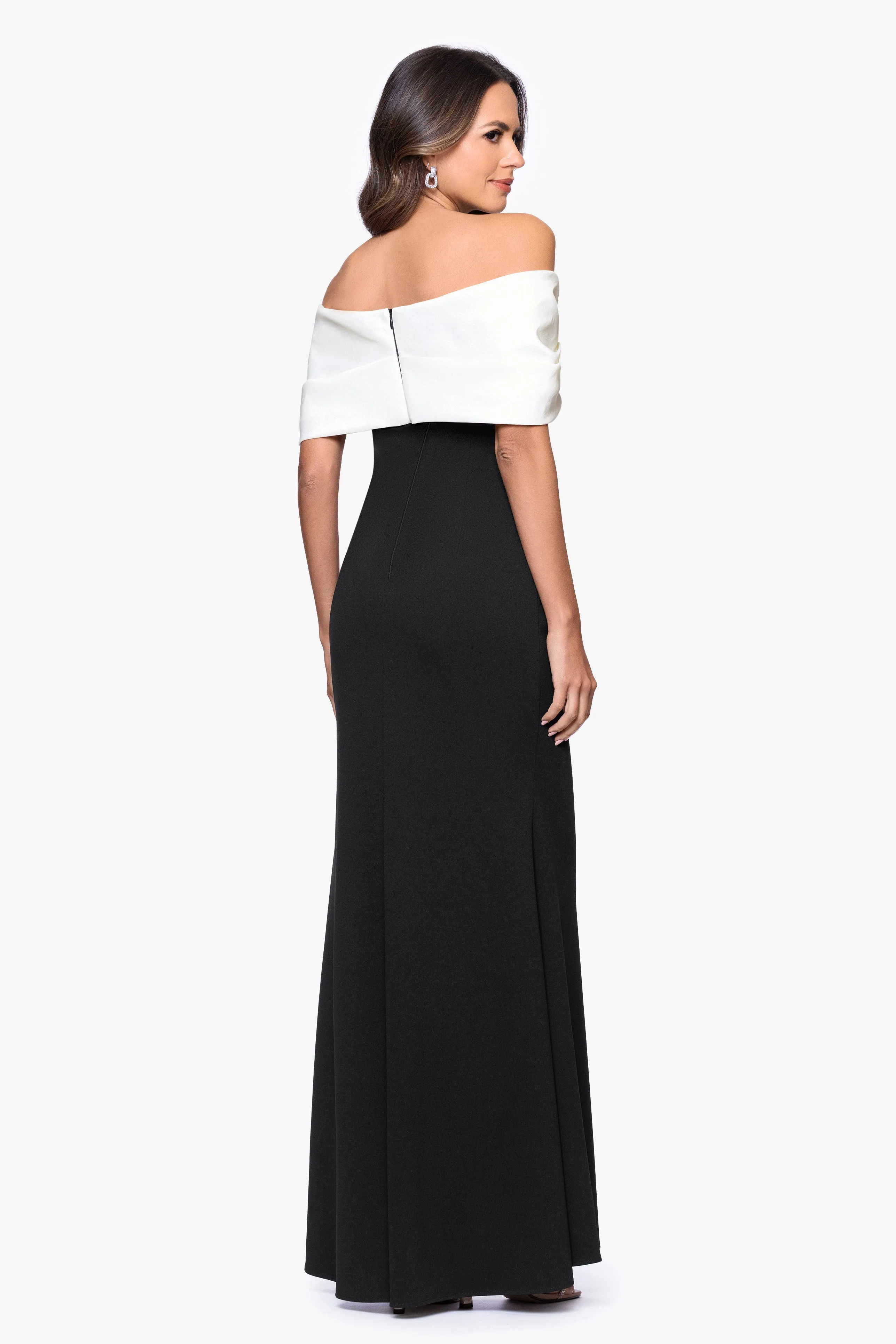 "Michelle" Scuba Crepe Off the Shouler Taffeta Trim Floor Length Dress sold by Betsy & Adam product image thumbnail 3