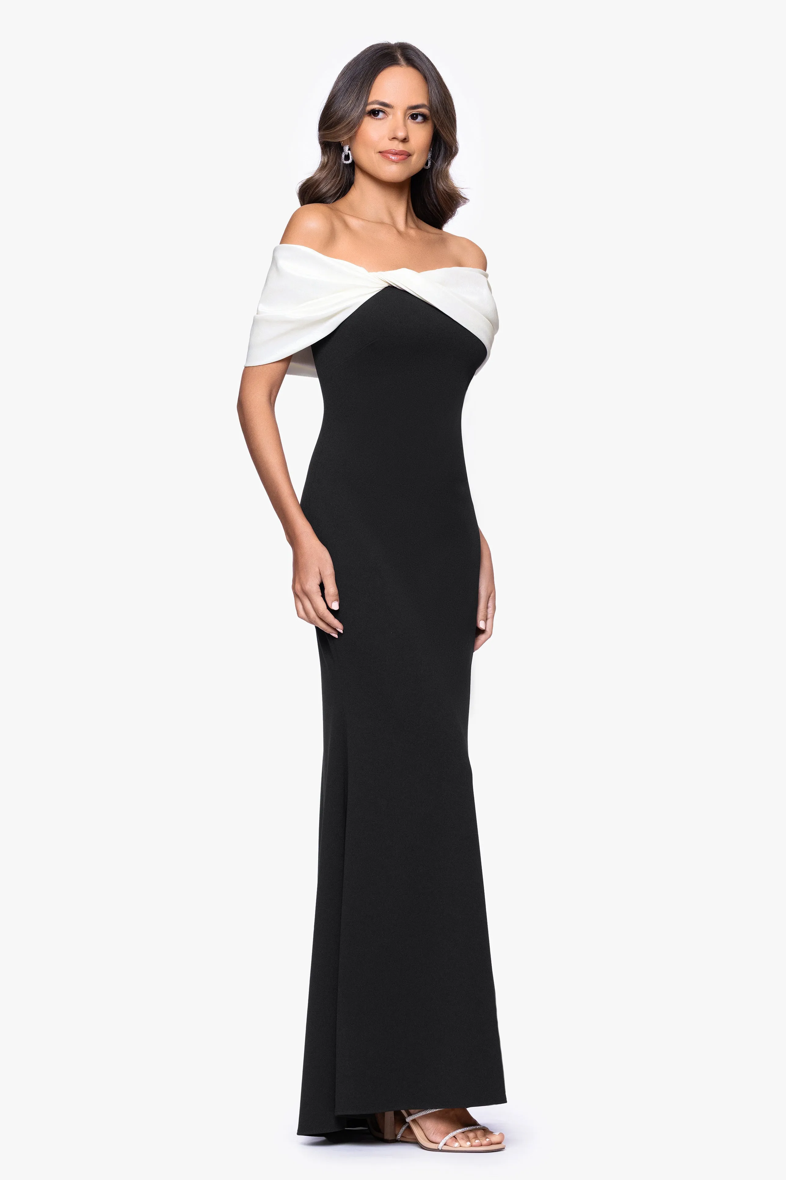 "Michelle" Scuba Crepe Off the Shouler Taffeta Trim Floor Length Dress sold by Betsy & Adam product image thumbnail 4