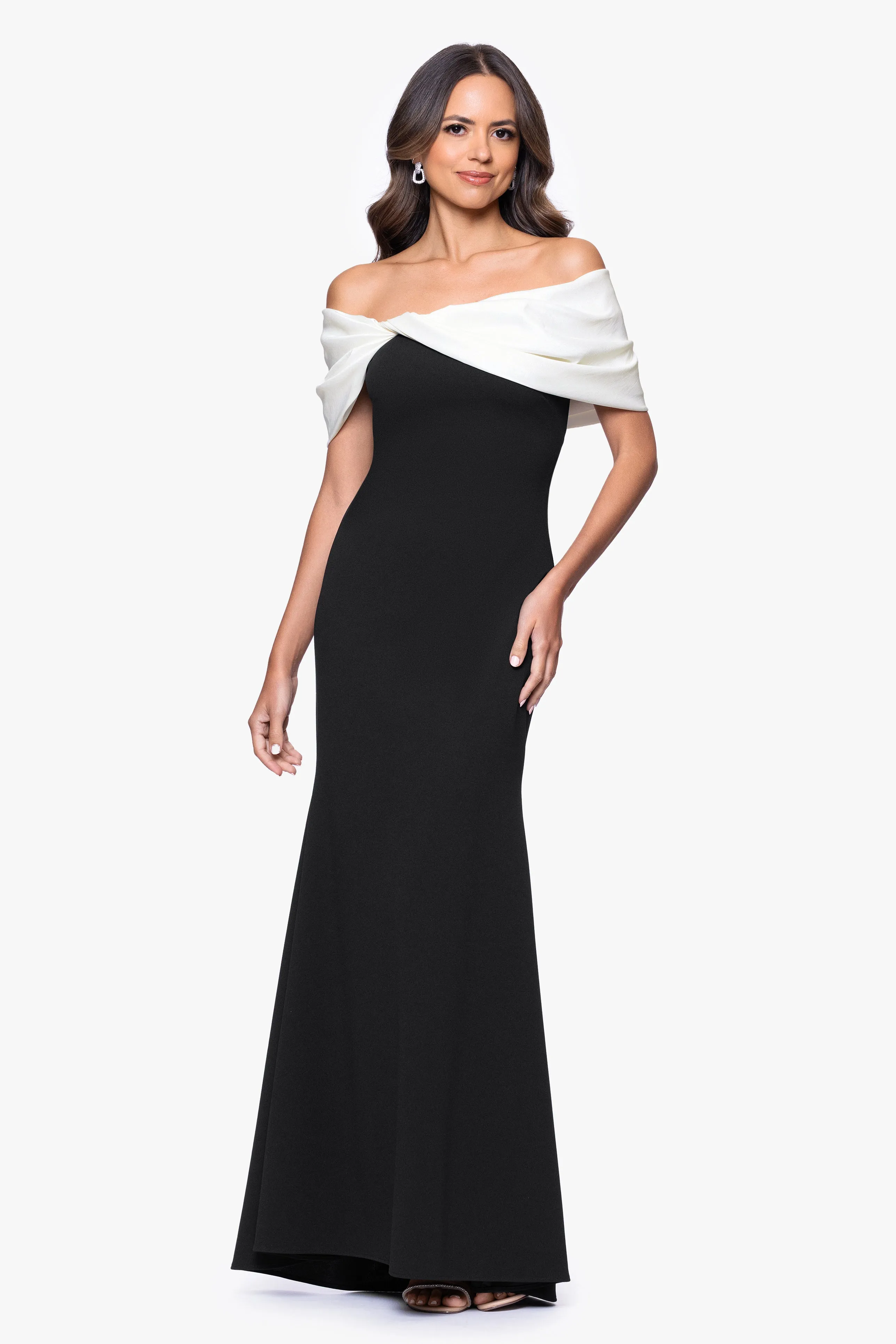 "Michelle" Scuba Crepe Off the Shouler Taffeta Trim Floor Length Dress sold by Betsy & Adam product image thumbnail 5