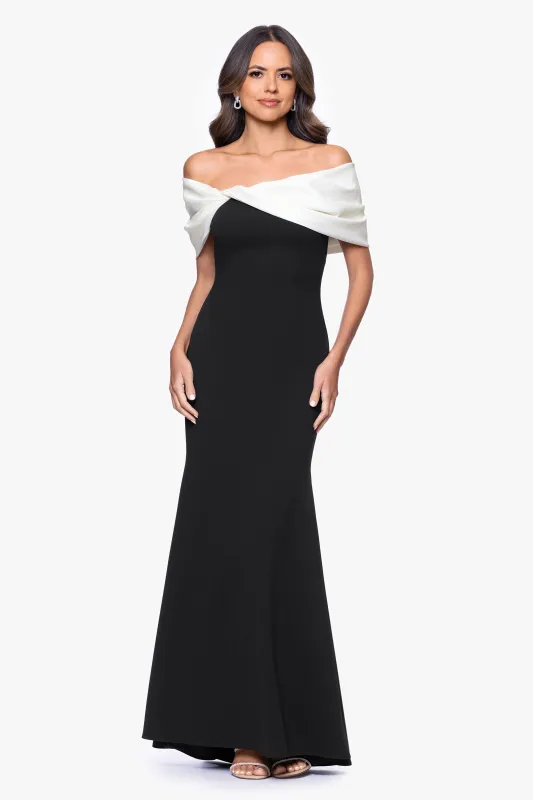 "Michelle" Scuba Crepe Off the Shouler Taffeta Trim Floor Length Dress sold by Betsy & Adam