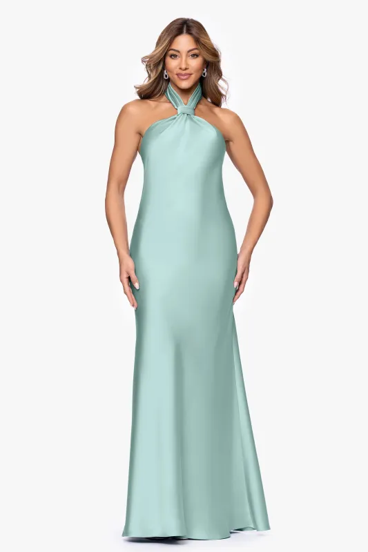 "Esmerelda" Satin Double Knotted Halter Neck Floor Length Dress sold by Betsy & Adam