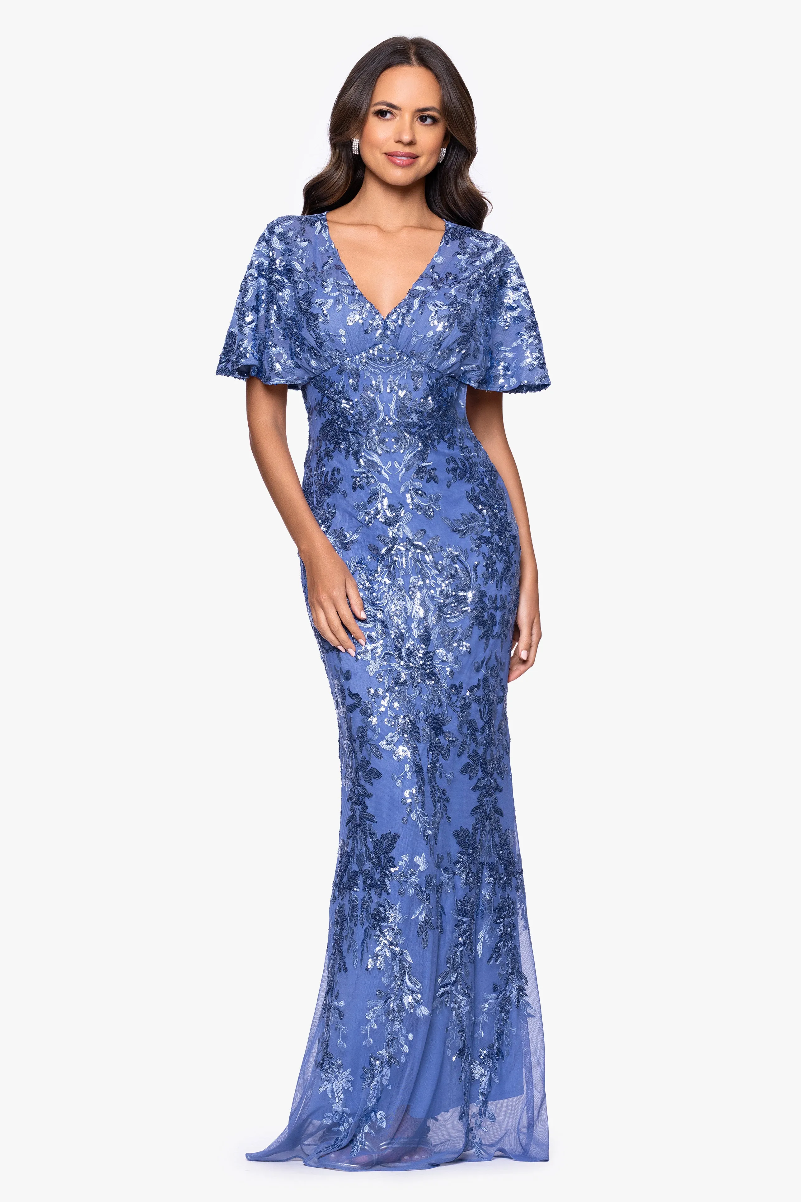 Petite "Paisley" Sequin Mesh Flutter Sleeve V-Neck Floor Length Dress sold by Betsy & Adam product image thumbnail 5