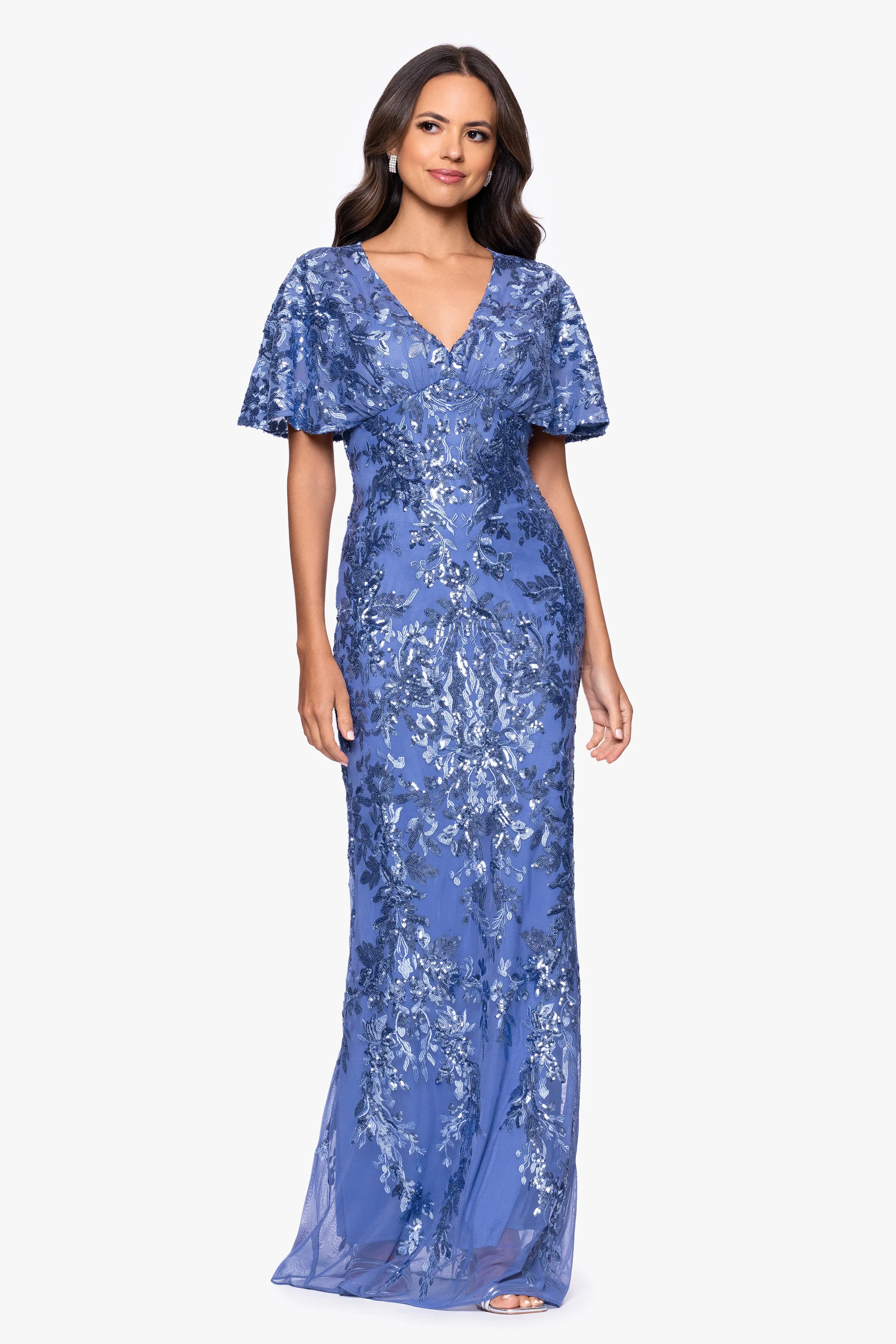 Petite "Paisley" Sequin Mesh Flutter Sleeve V-Neck Floor Length Dress sold by Betsy & Adam