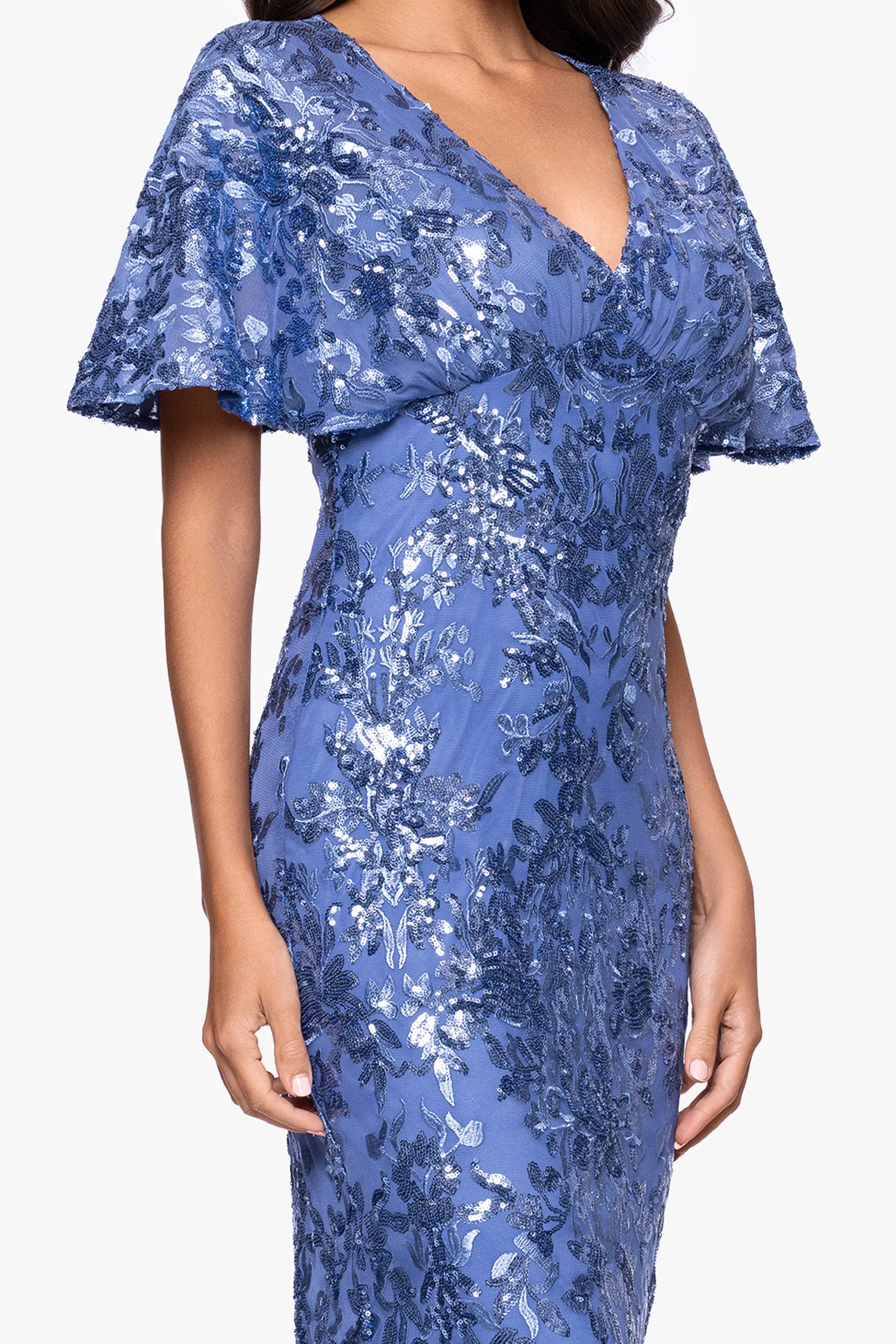 Petite "Paisley" Sequin Mesh Flutter Sleeve V-Neck Floor Length Dress sold by Betsy & Adam product image thumbnail 2