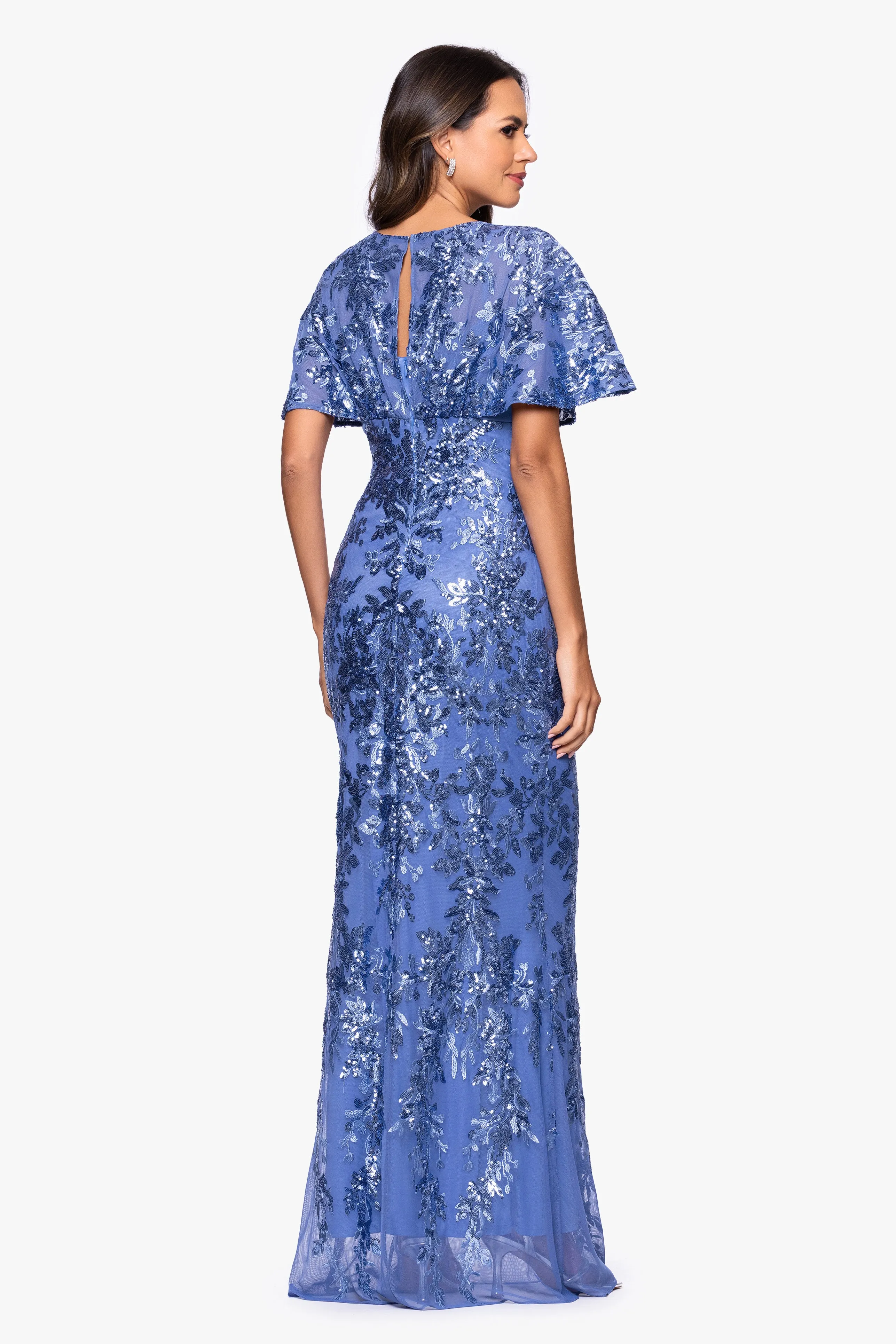 Petite "Paisley" Sequin Mesh Flutter Sleeve V-Neck Floor Length Dress sold by Betsy & Adam product image thumbnail 3
