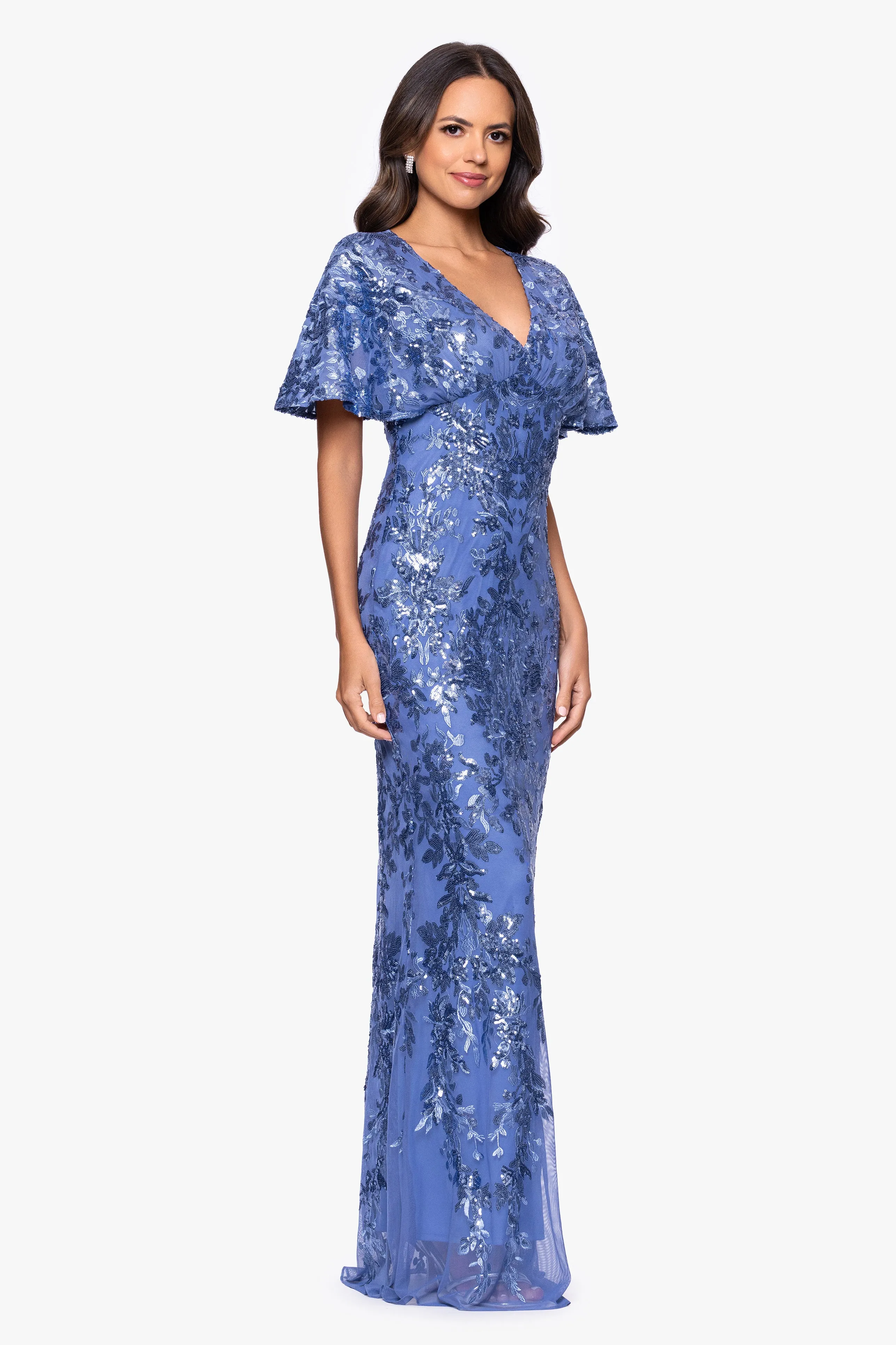 Petite "Paisley" Sequin Mesh Flutter Sleeve V-Neck Floor Length Dress sold by Betsy & Adam product image thumbnail 4