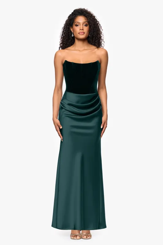 Petite "Lynn" Velvet and Satin Strapless Floor Length Gown sold by Betsy & Adam