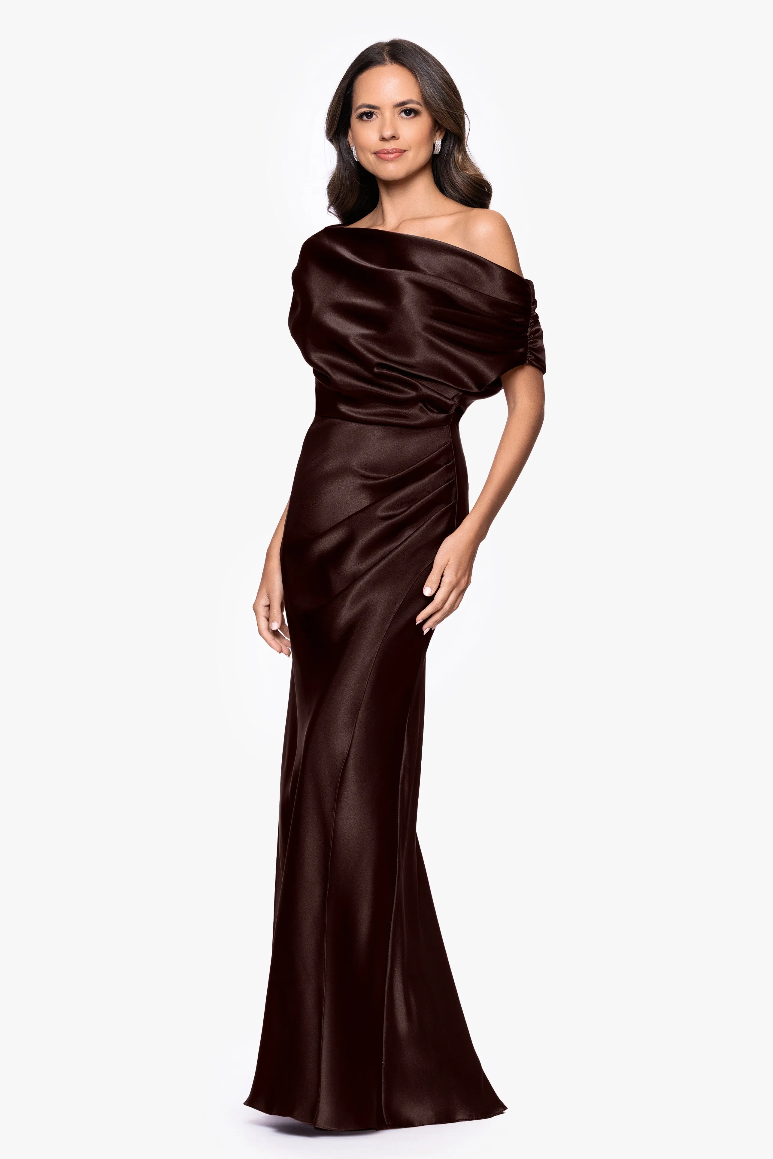 "Sofia" Satin Drop Shoulder Floor Length Dress sold by Betsy & Adam product image thumbnail 4