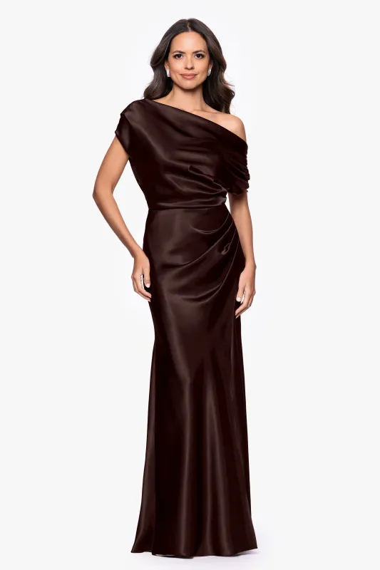 "Sofia" Satin Drop Shoulder Floor Length Dress sold by Betsy & Adam