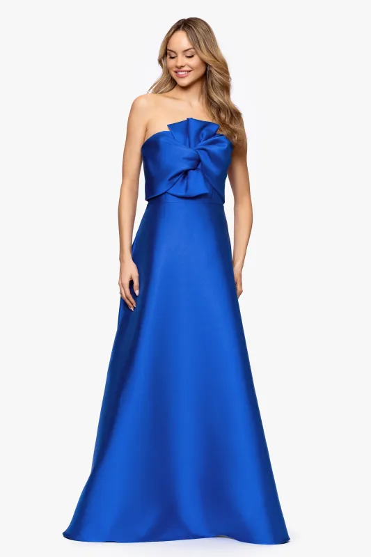 "Audrey" Mikado Strapless Bow Twist Floor Length Dress sold by Betsy & Adam