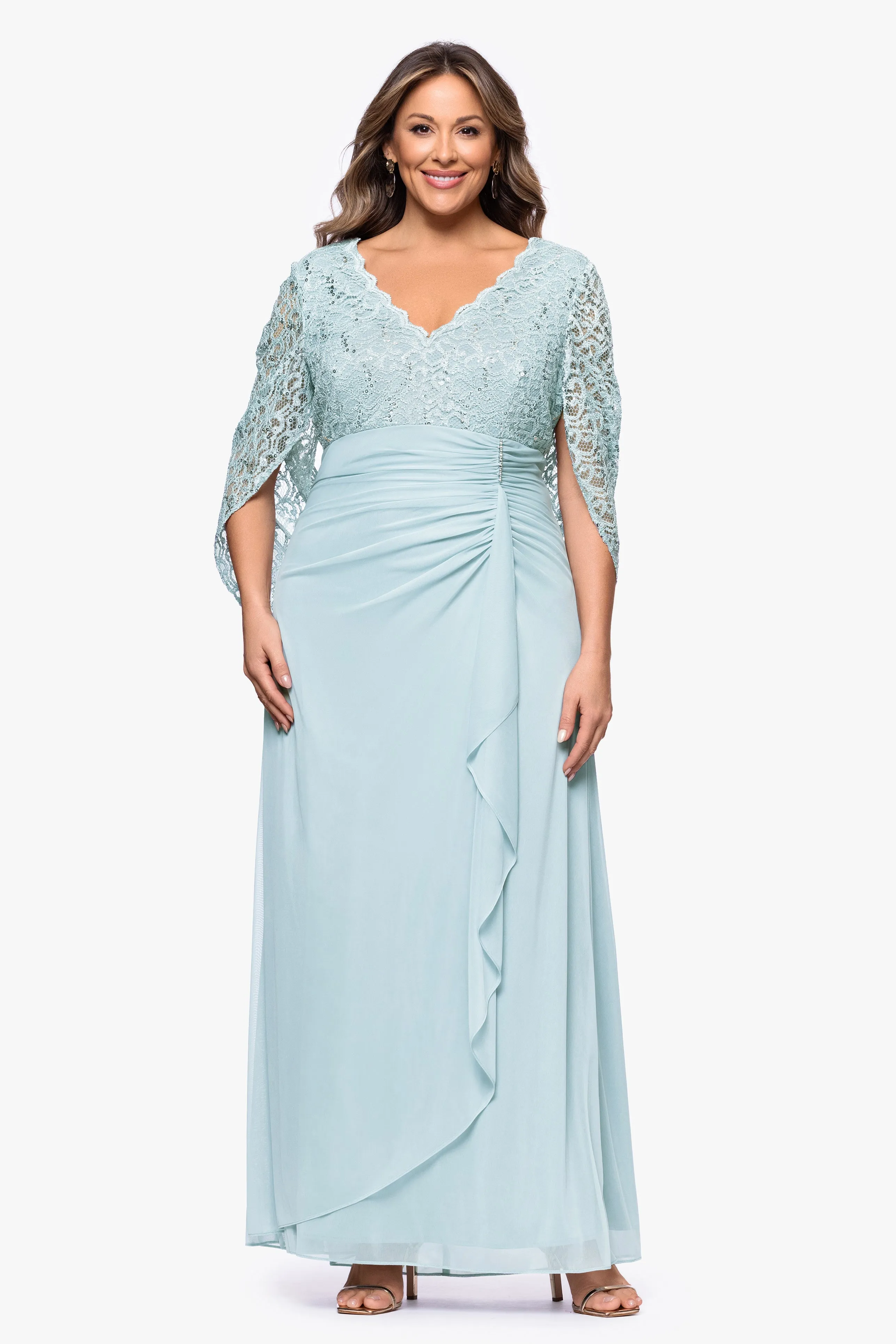 Plus "Parker" Sheer Jersey and Lace Cape Sleeve Floor Length Dress sold by Betsy & Adam product image thumbnail 5