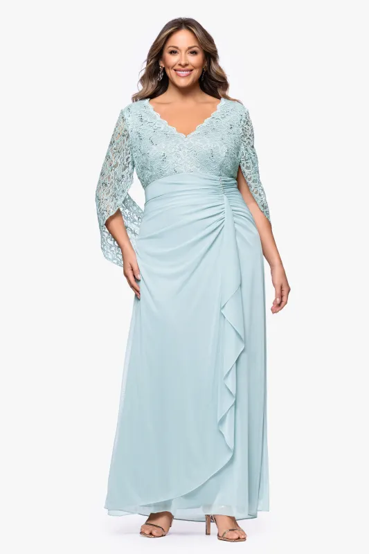 Plus "Parker" Sheer Jersey and Lace Cape Sleeve Floor Length Dress sold by Betsy & Adam