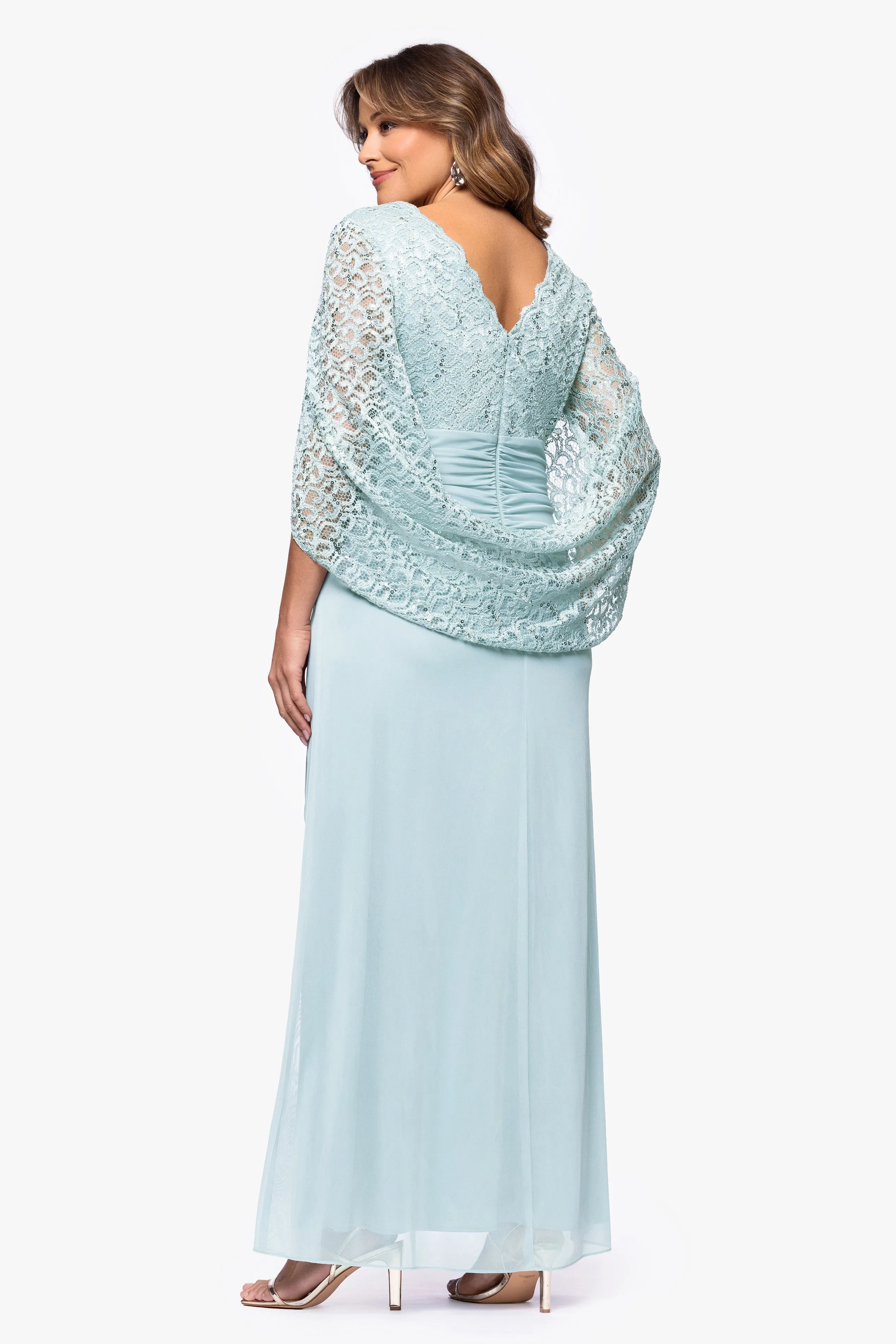 Plus "Parker" Sheer Jersey and Lace Cape Sleeve Floor Length Dress sold by Betsy & Adam product image thumbnail 3
