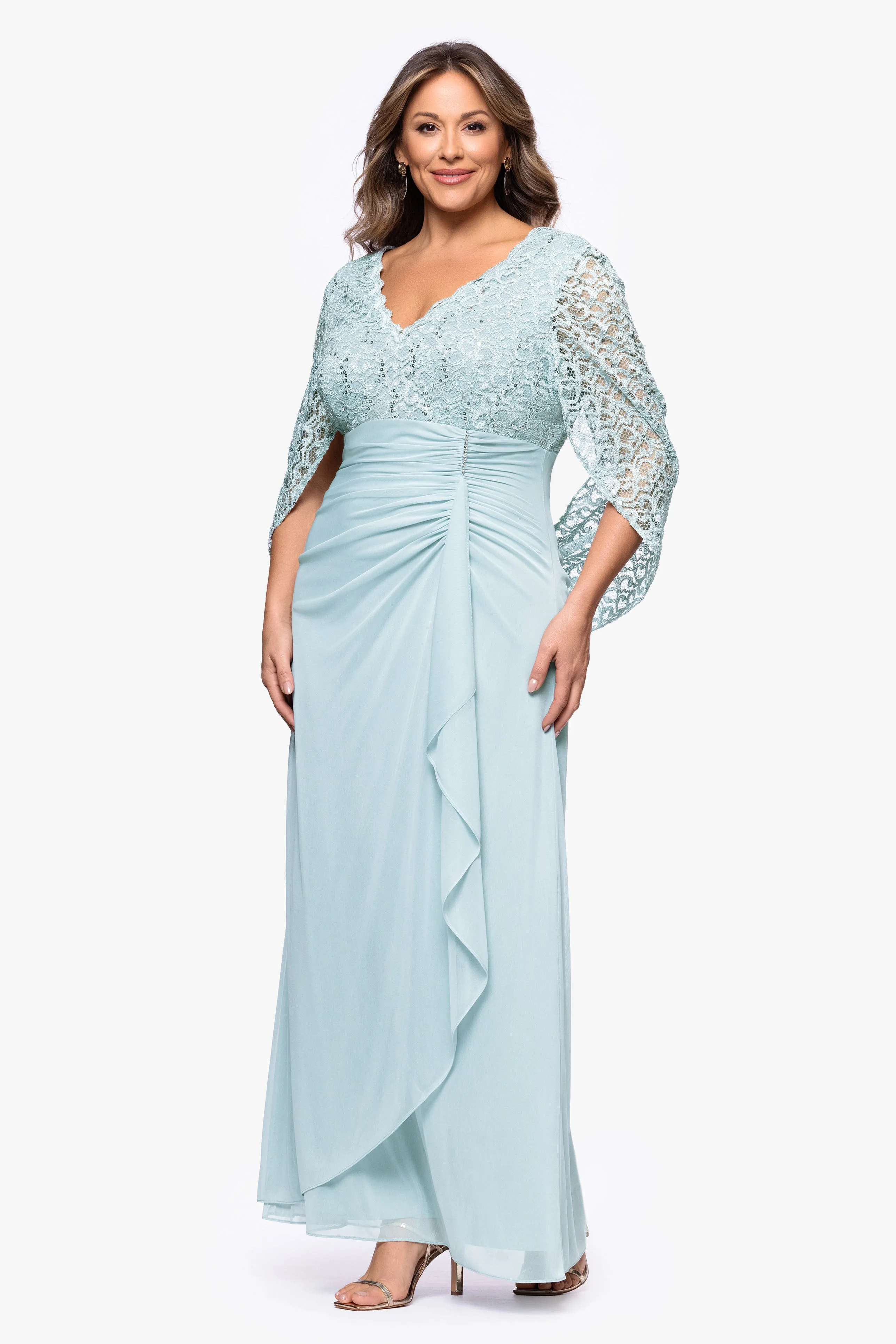 Plus "Parker" Sheer Jersey and Lace Cape Sleeve Floor Length Dress sold by Betsy & Adam product image thumbnail 4