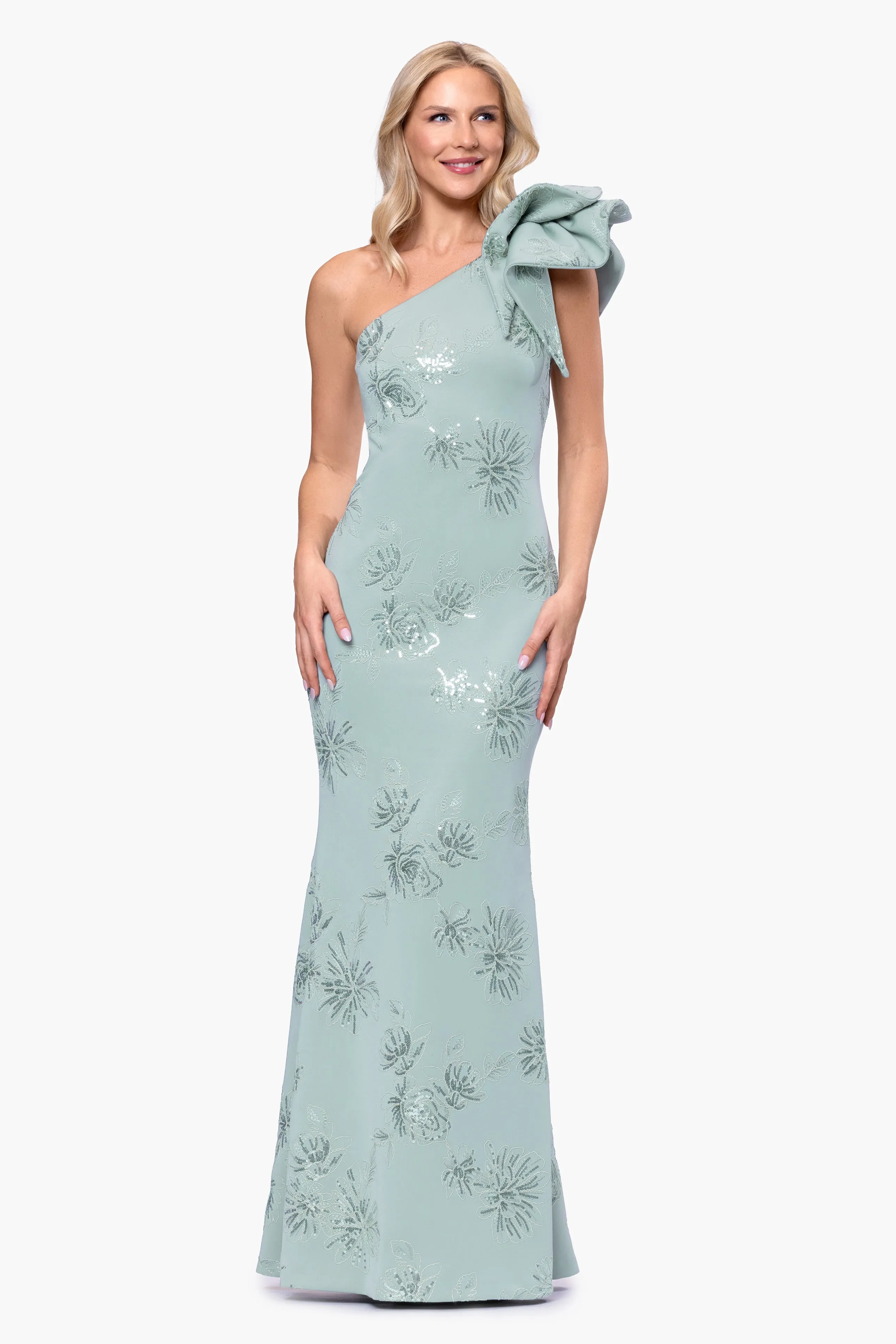 "Kaylin" Techno Scuba Embellished One Shoulder Floor Length Dress sold by Betsy & Adam