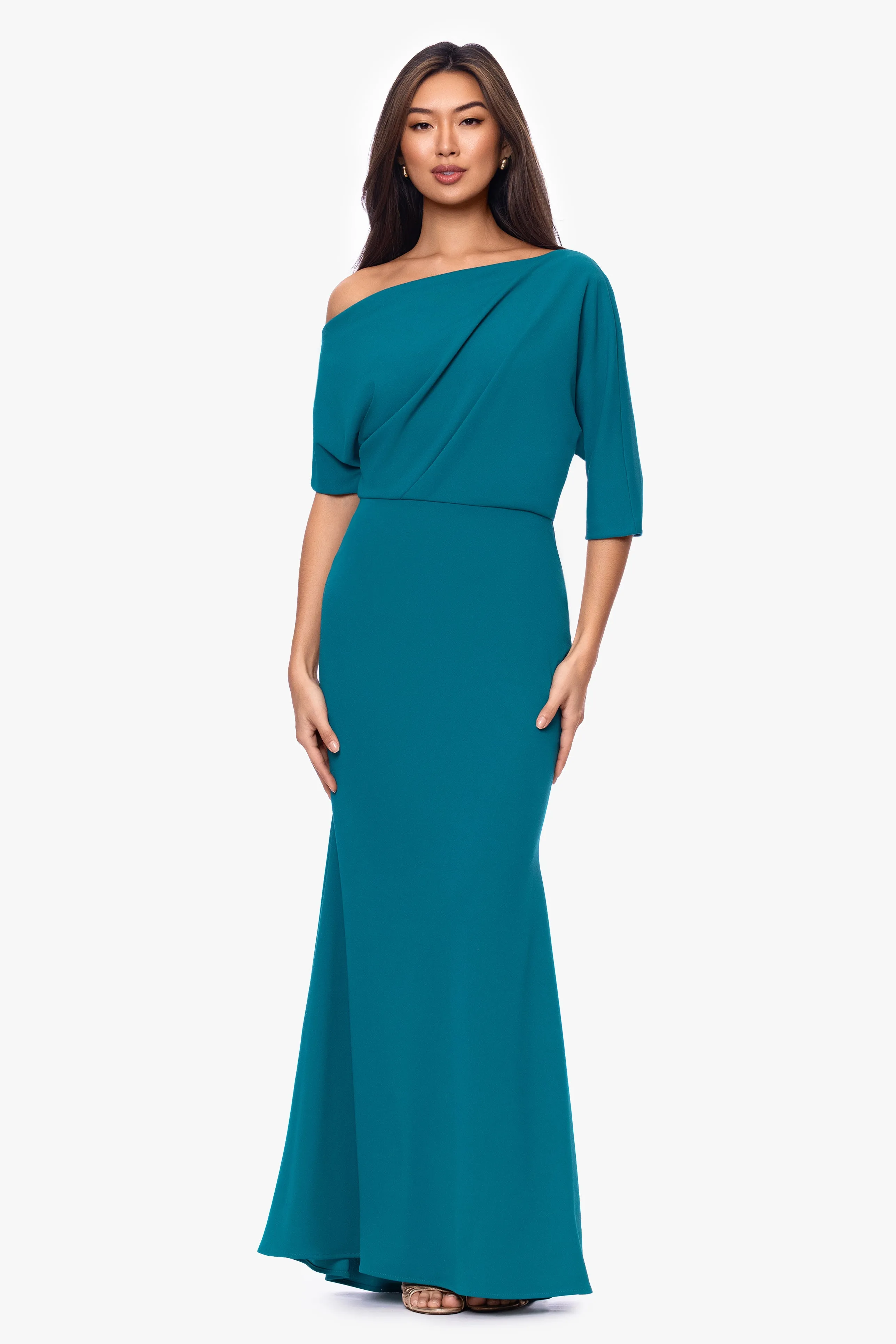 "Madeline" Scuba Crepe Off the Shoulder Drop Floor Length Dress sold by Betsy & Adam product image thumbnail 5