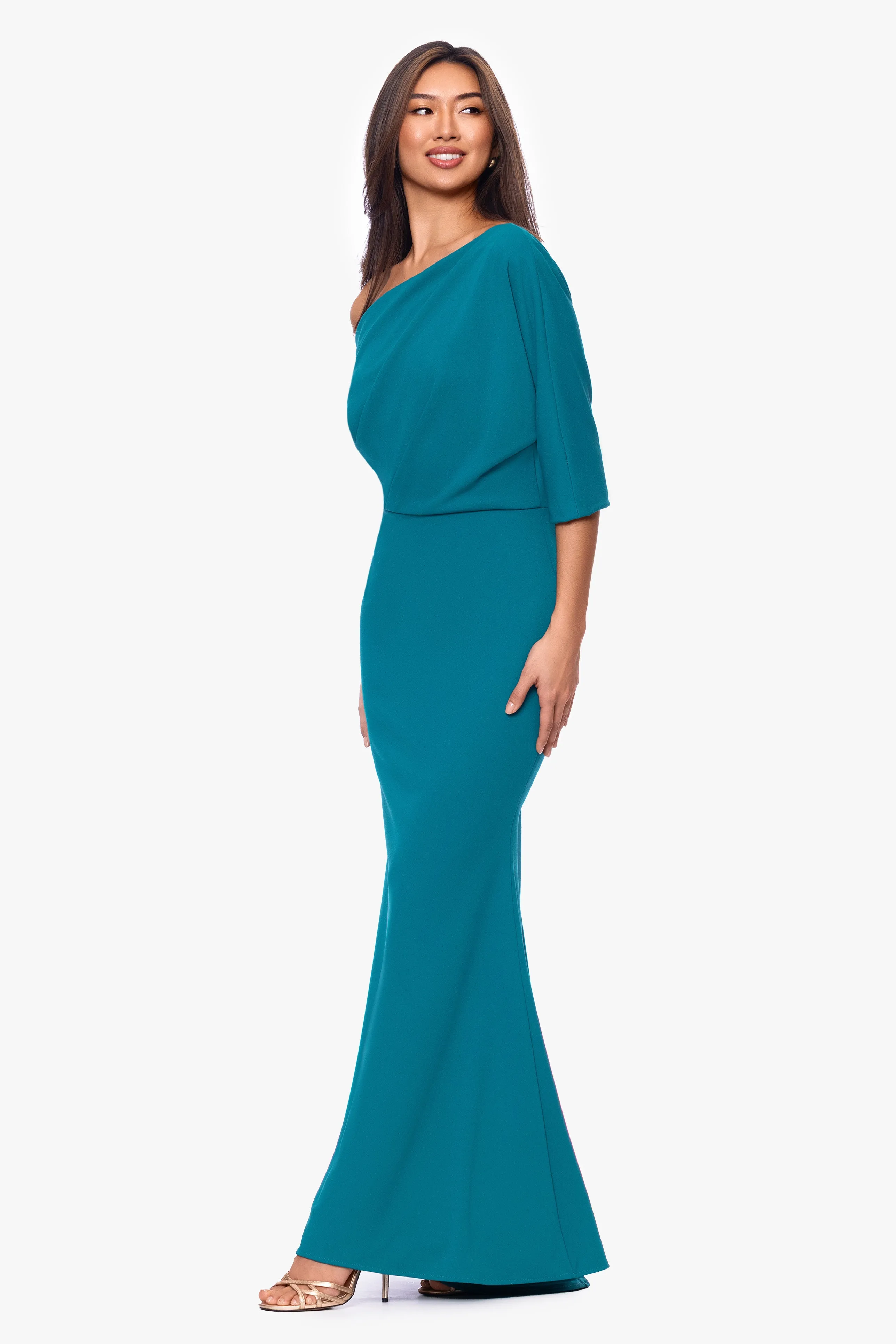 "Madeline" Scuba Crepe Off the Shoulder Drop Floor Length Dress sold by Betsy & Adam product image thumbnail 4