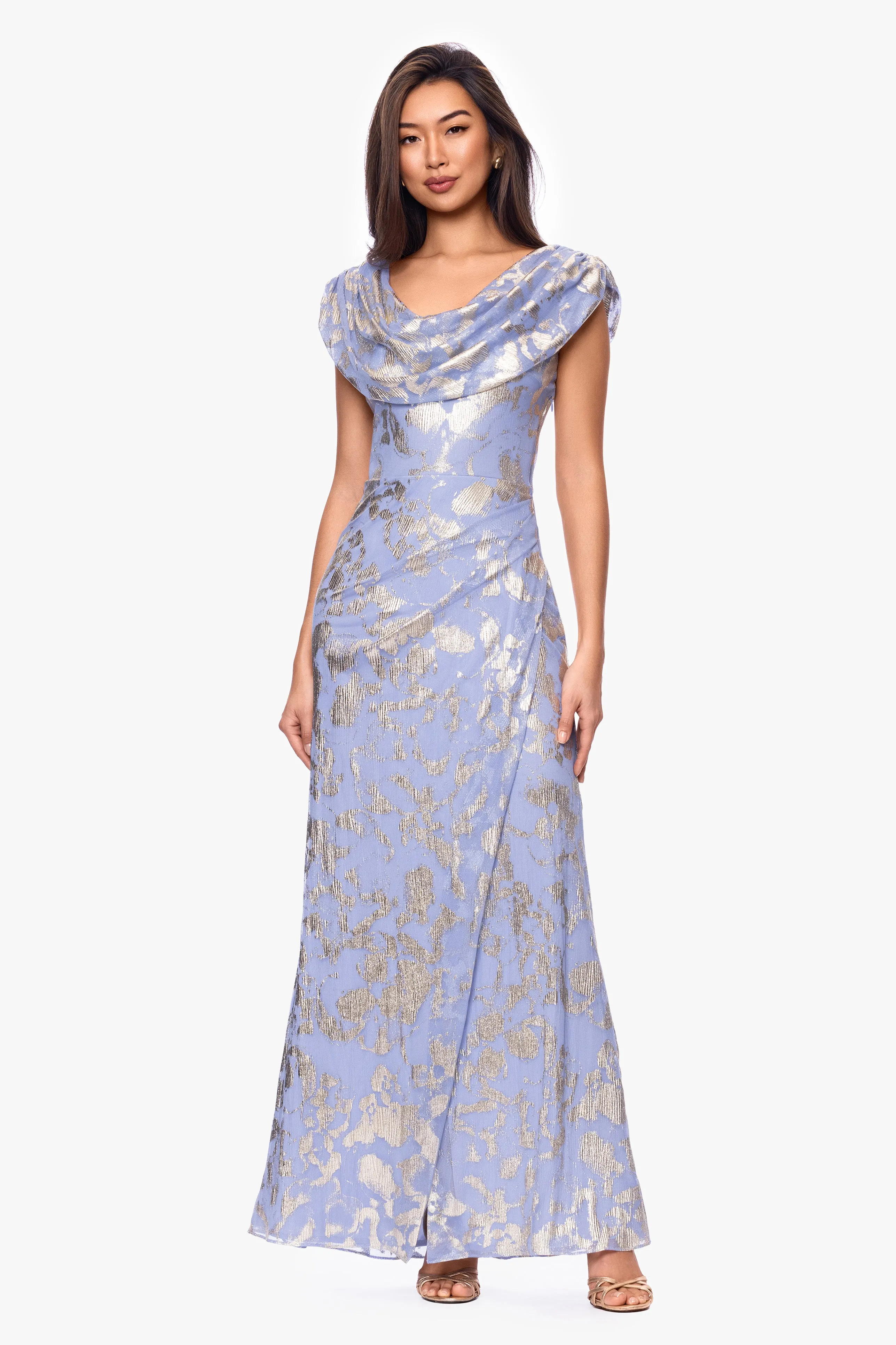 "Bianca" Metallic Cowl Neck Floor Length Dress sold by Betsy & Adam