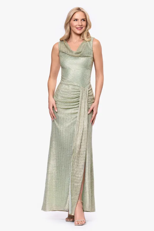 "Stassi" Metallic Knit Cowl Neck Floor Length Dress sold by Betsy & Adam
