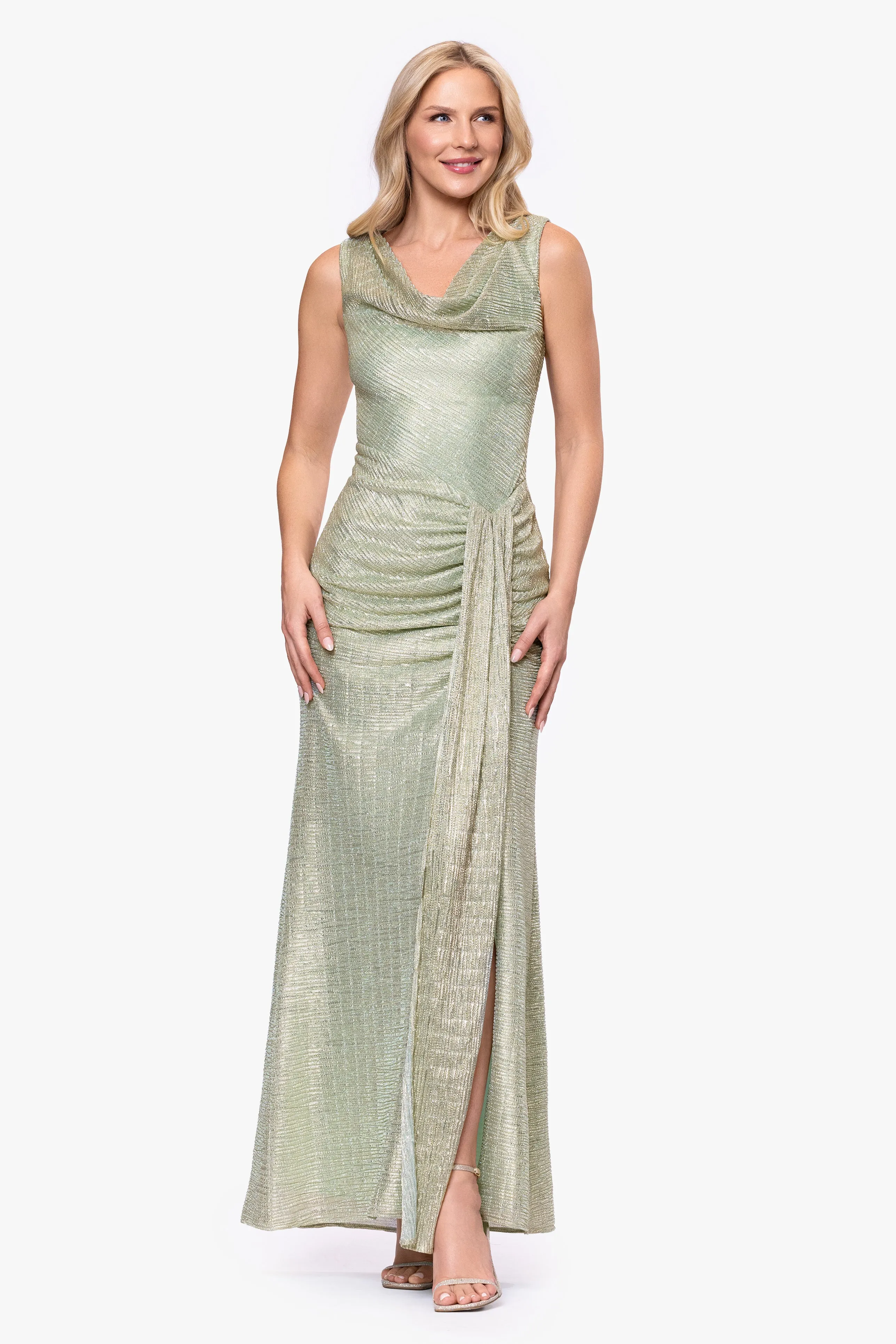 "Stassi" Metallic Knit Cowl Neck Floor Length Dress sold by Betsy & Adam