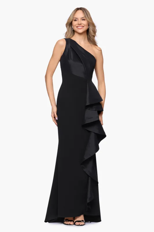 "Shai" Scuba Crepe Taffeta One Shoulder Floor Length Dress sold by Betsy & Adam