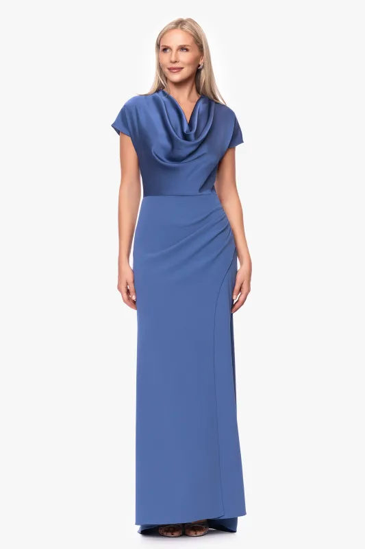 Petite "Rinna" Scuba Crepe and Satin Cowl Neck Floor Length Dress sold by Betsy & Adam