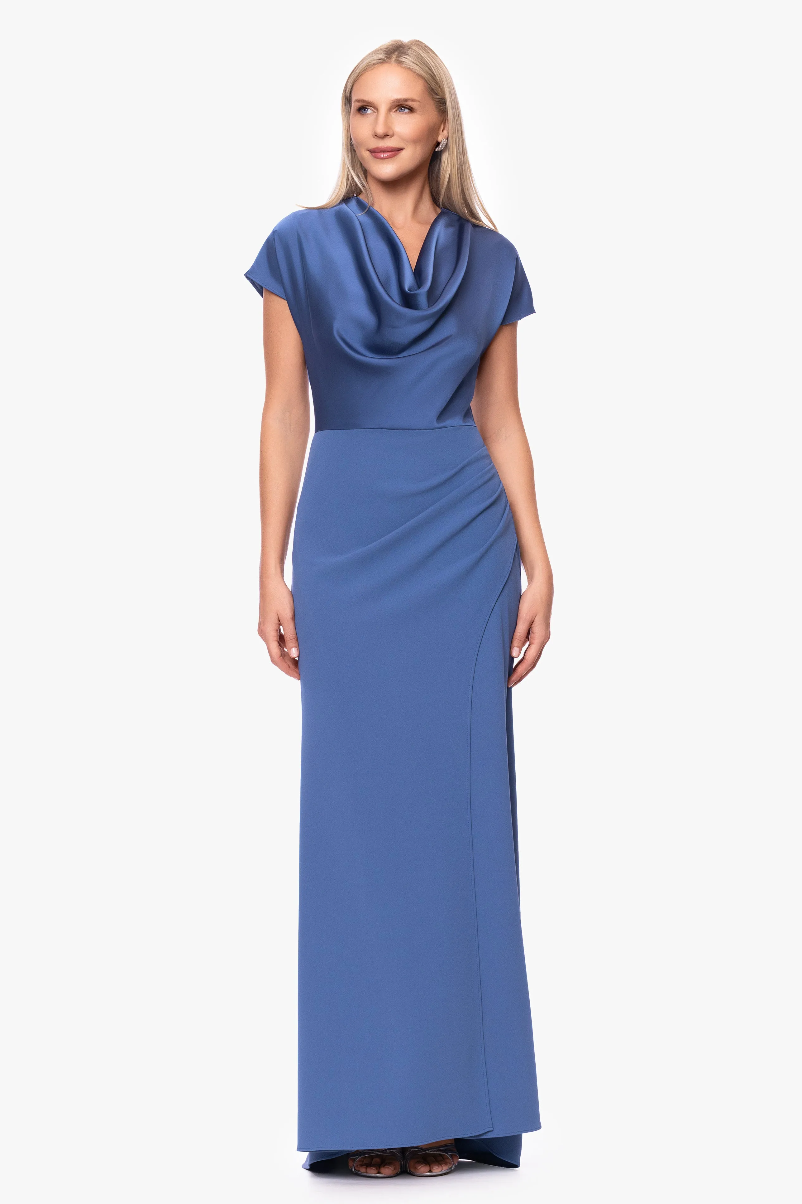 "Rinna" Scuba Crepe and Satin Cowl Neck Floor Length Dress sold by Betsy & Adam