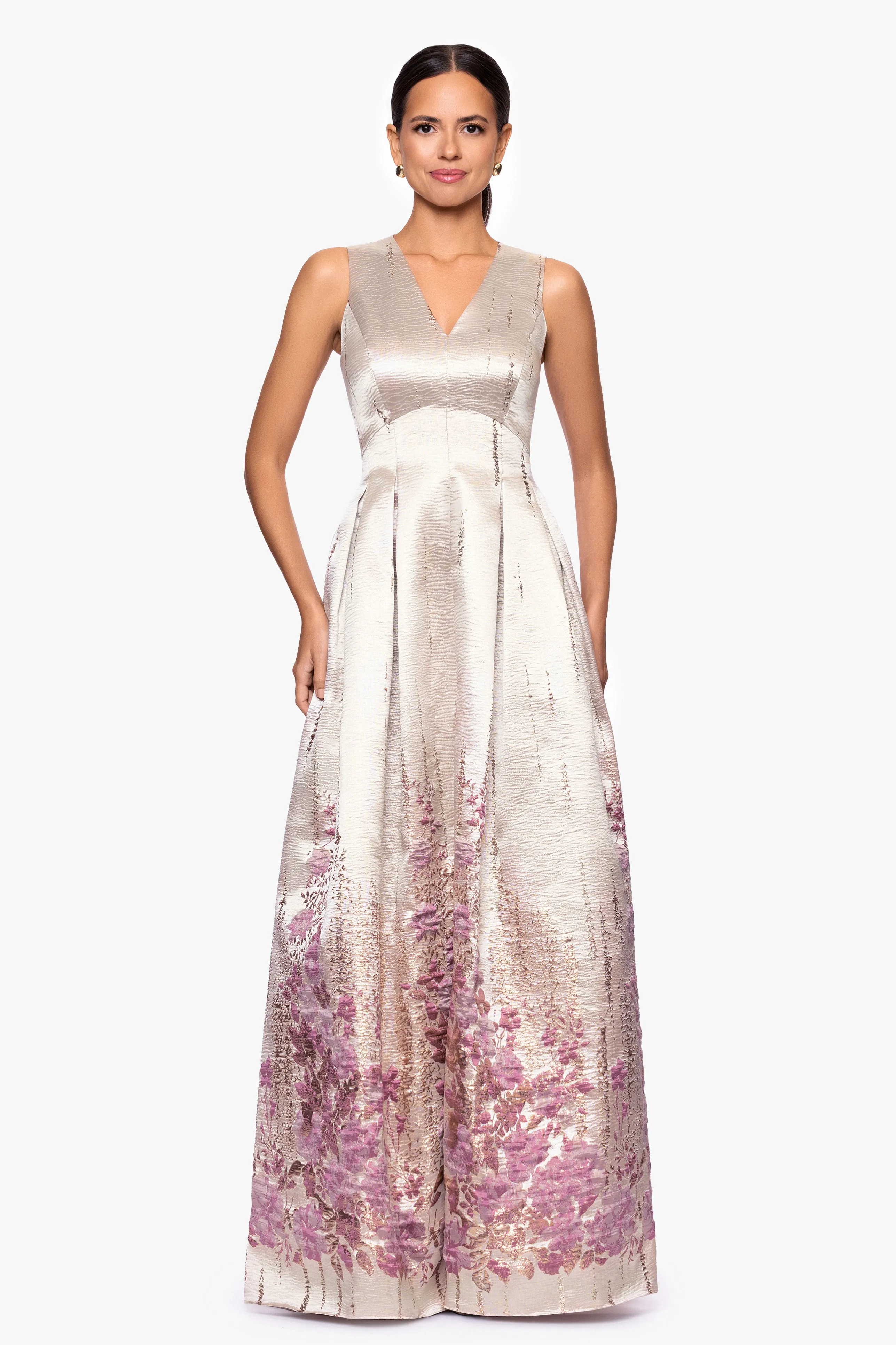 "Belle" Print Jacquard V-Neck Floor Length Dress sold by Betsy & Adam
