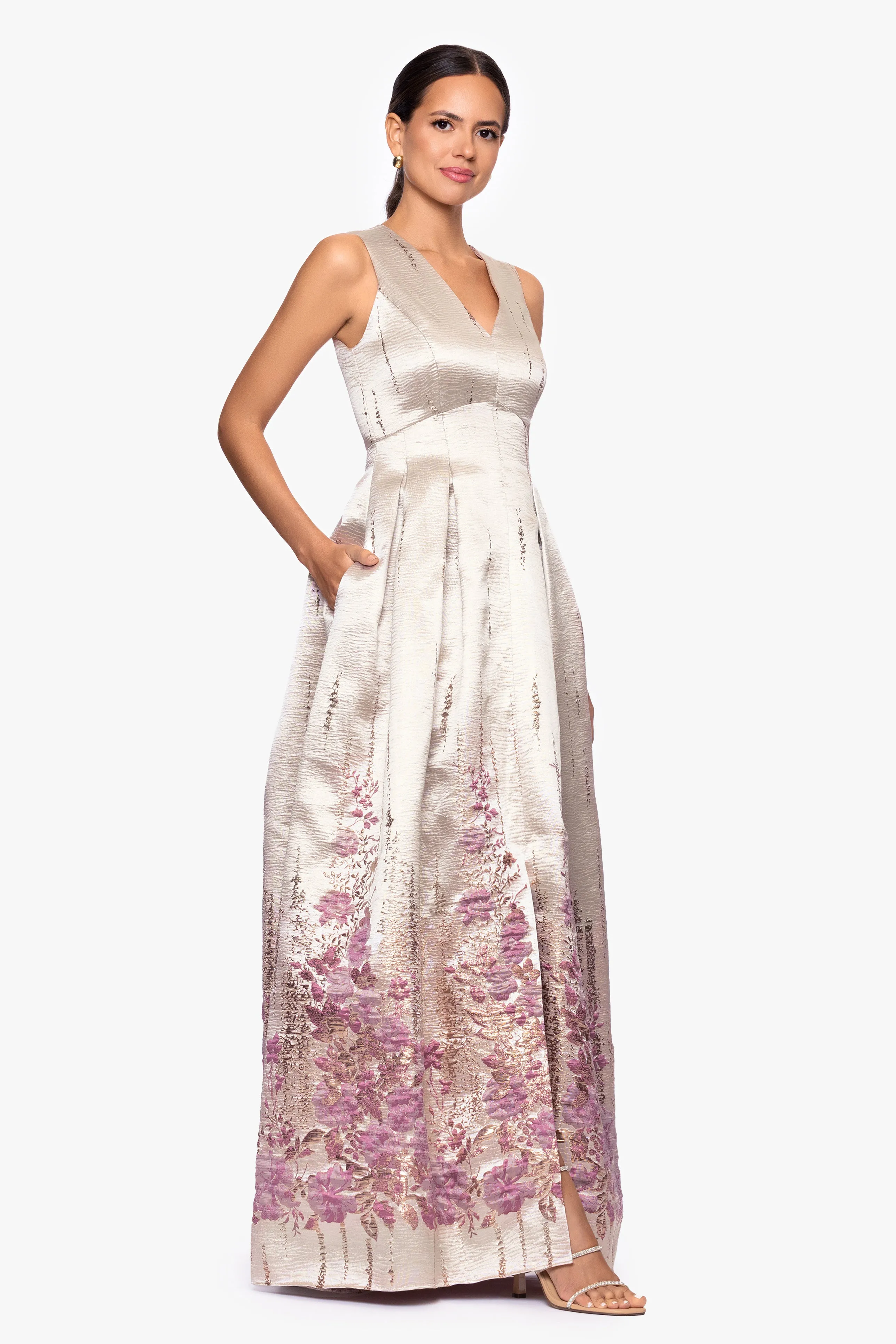 "Belle" Print Jacquard V-Neck Floor Length Dress sold by Betsy & Adam product image thumbnail 4