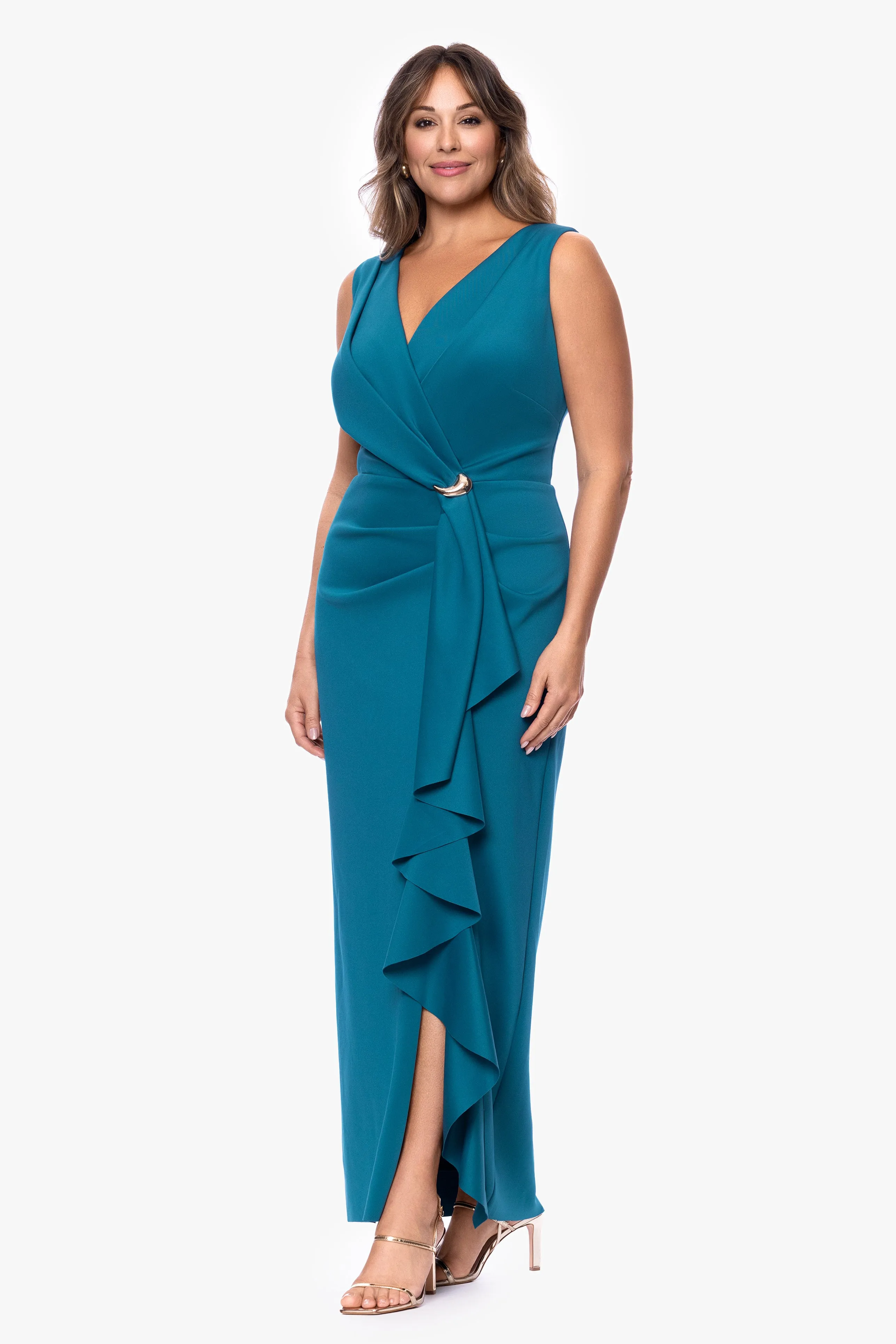 Plus "Rylee" Techno Scuba V-Neck Ruffle Floor Length Dress sold by Betsy & Adam product image thumbnail 4