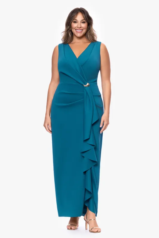 Plus "Rylee" Techno Scuba V-Neck Ruffle Floor Length Dress sold by Betsy & Adam
