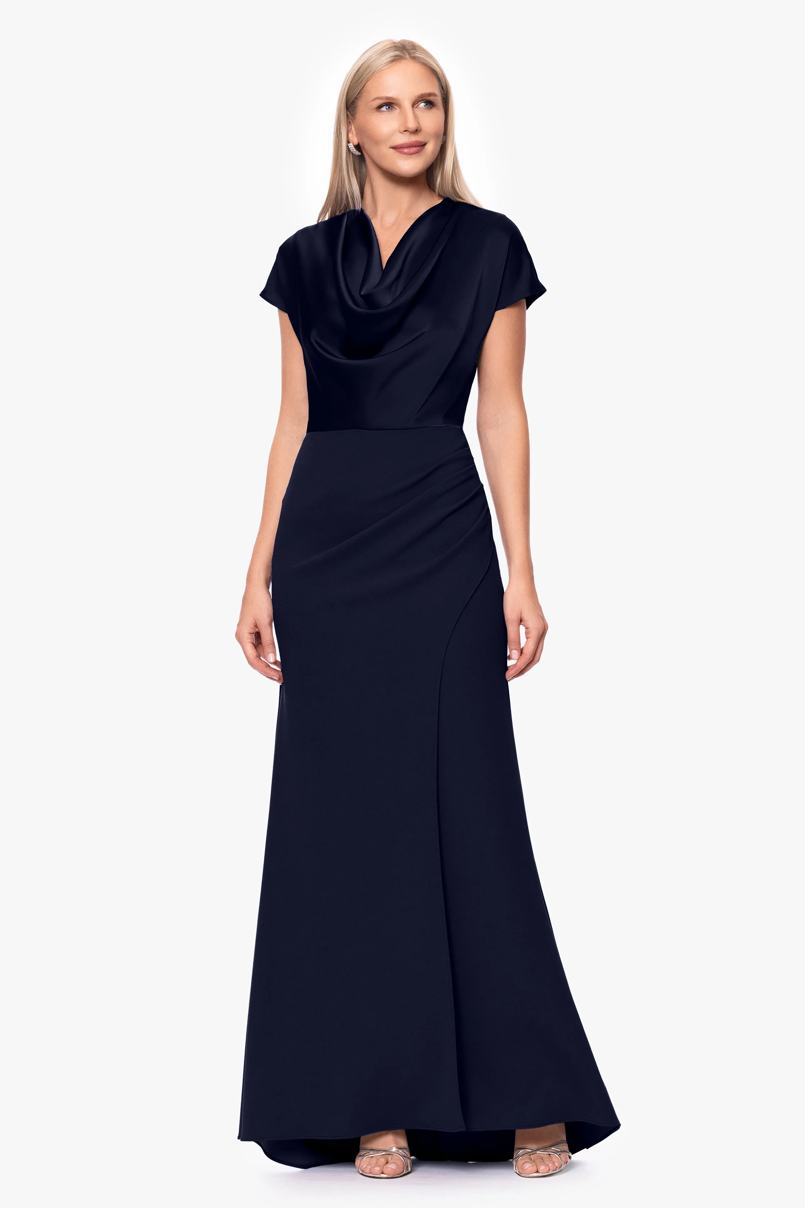 "Rinna" Scuba Crepe and Satin Cowl Neck Floor Length Dress sold by Betsy & Adam