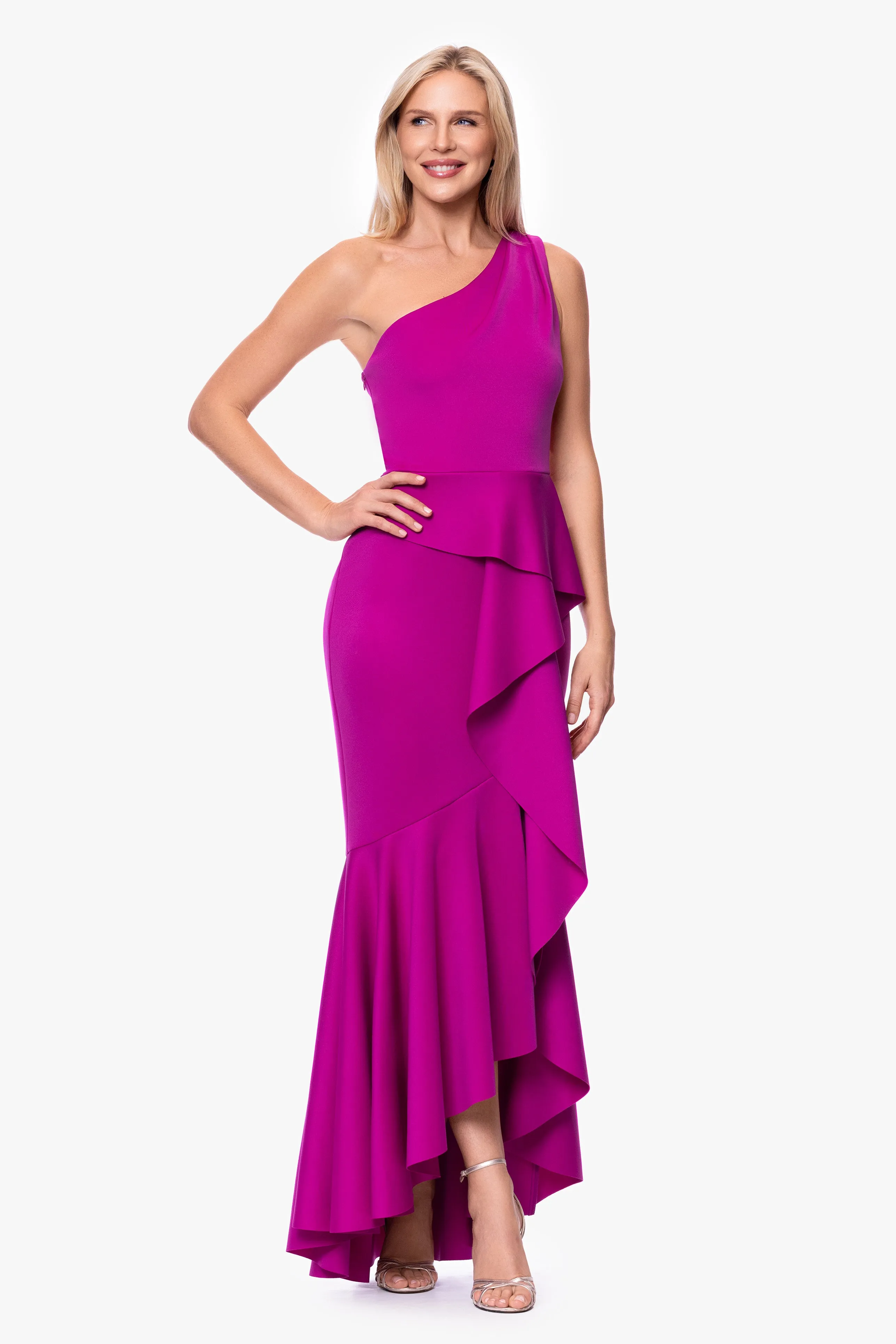 "Annalise" Techno Scuba Ruffled One Shoulder Floor Length Dress sold by Betsy & Adam product image thumbnail 4