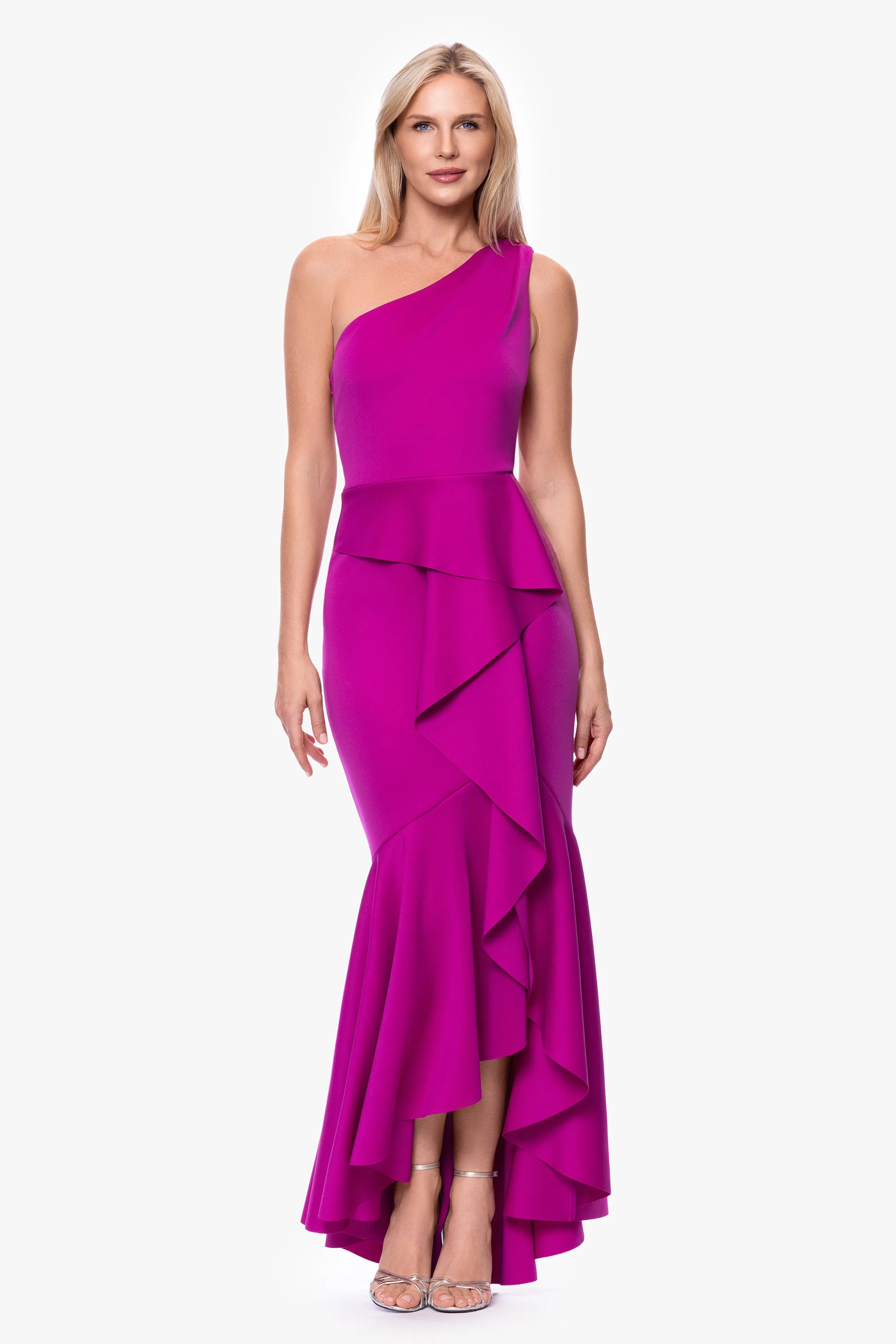 "Annalise" Techno Scuba Ruffled One Shoulder Floor Length Dress sold by Betsy & Adam