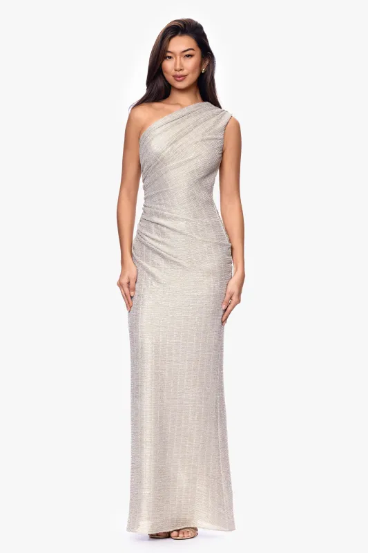 "Avril" Metallic One Shoulder Rouched Floor Length Dress sold by Betsy & Adam