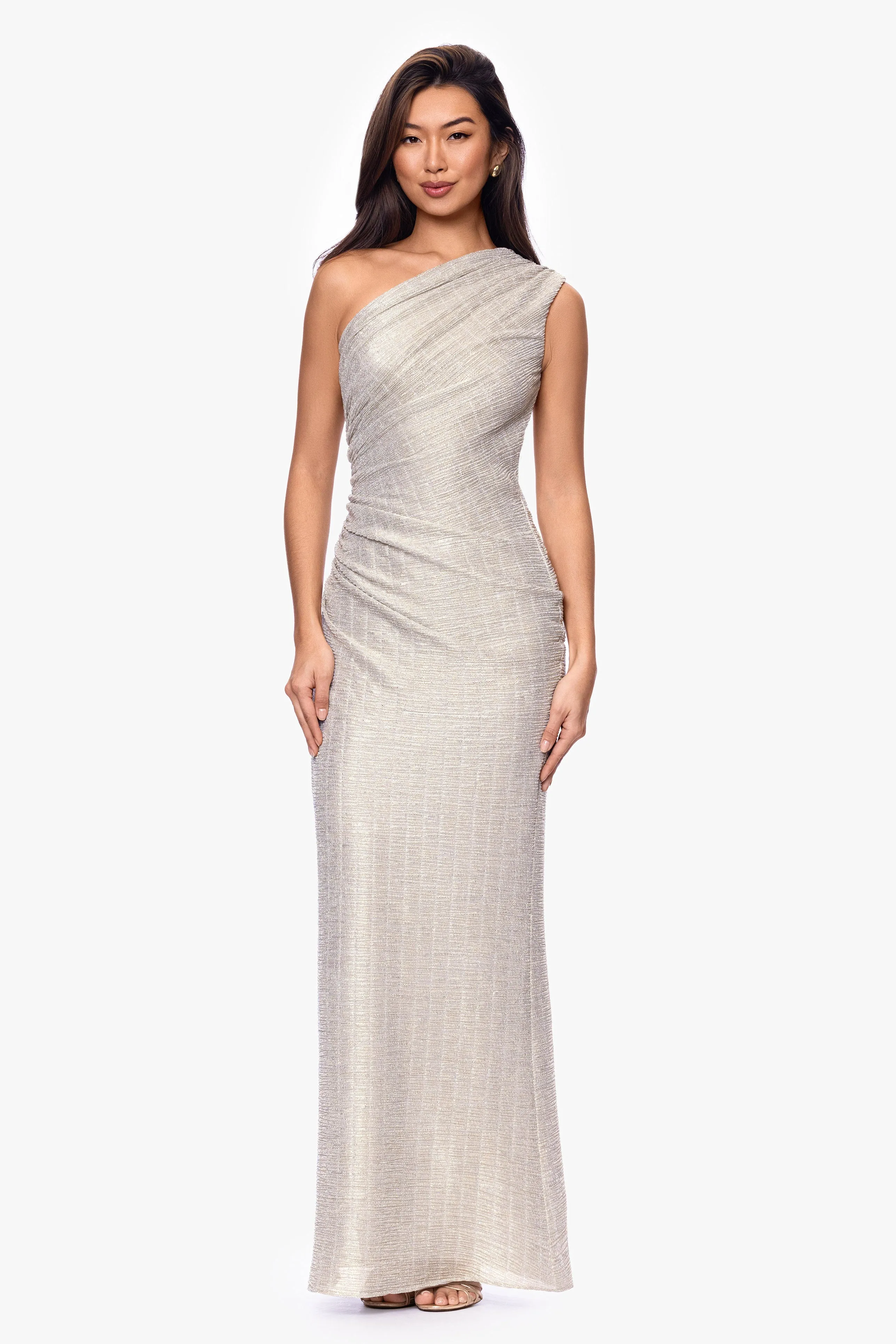"Avril" Metallic One Shoulder Rouched Floor Length Dress sold by Betsy & Adam