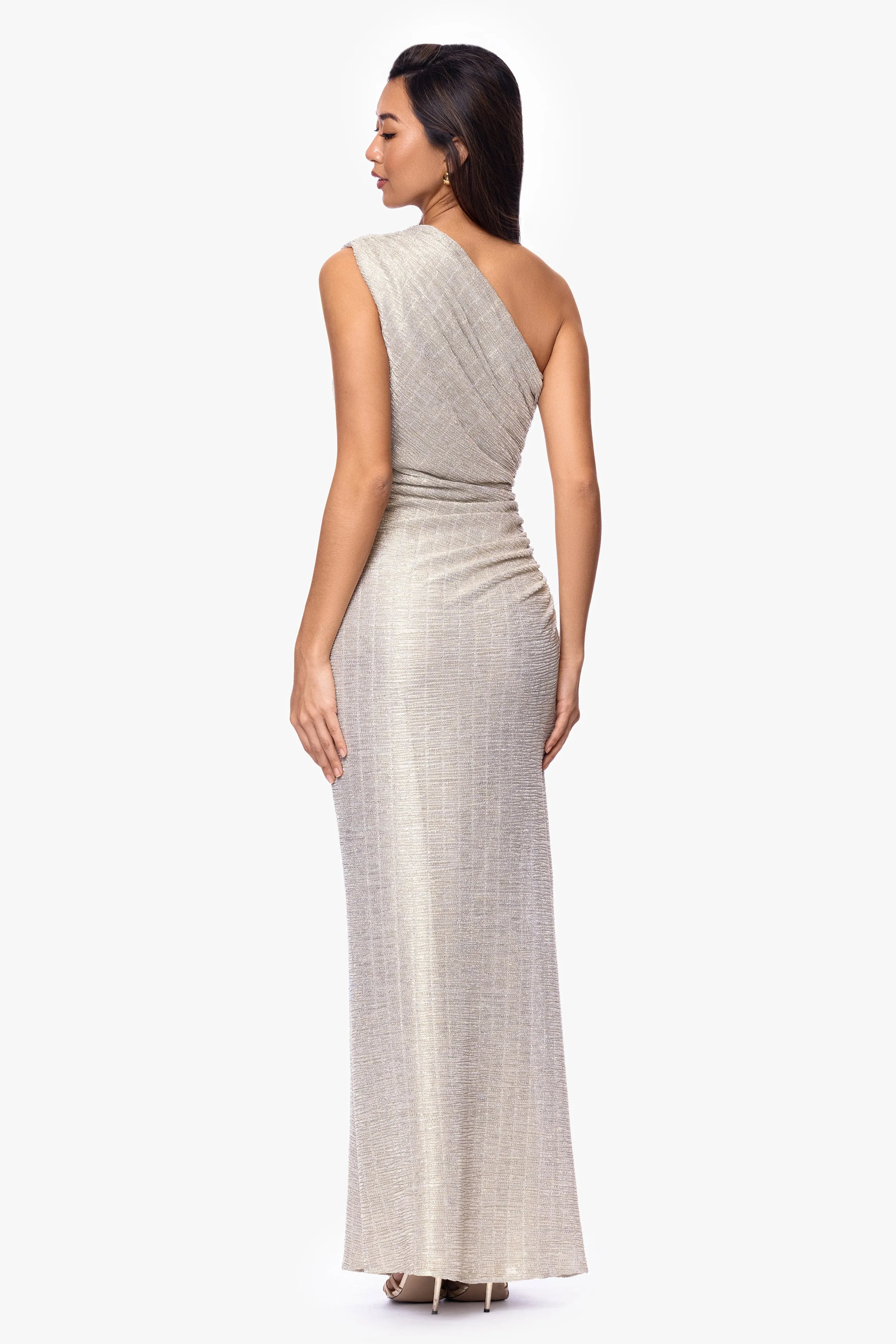 "Avril" Metallic One Shoulder Rouched Floor Length Dress sold by Betsy & Adam product image thumbnail 3