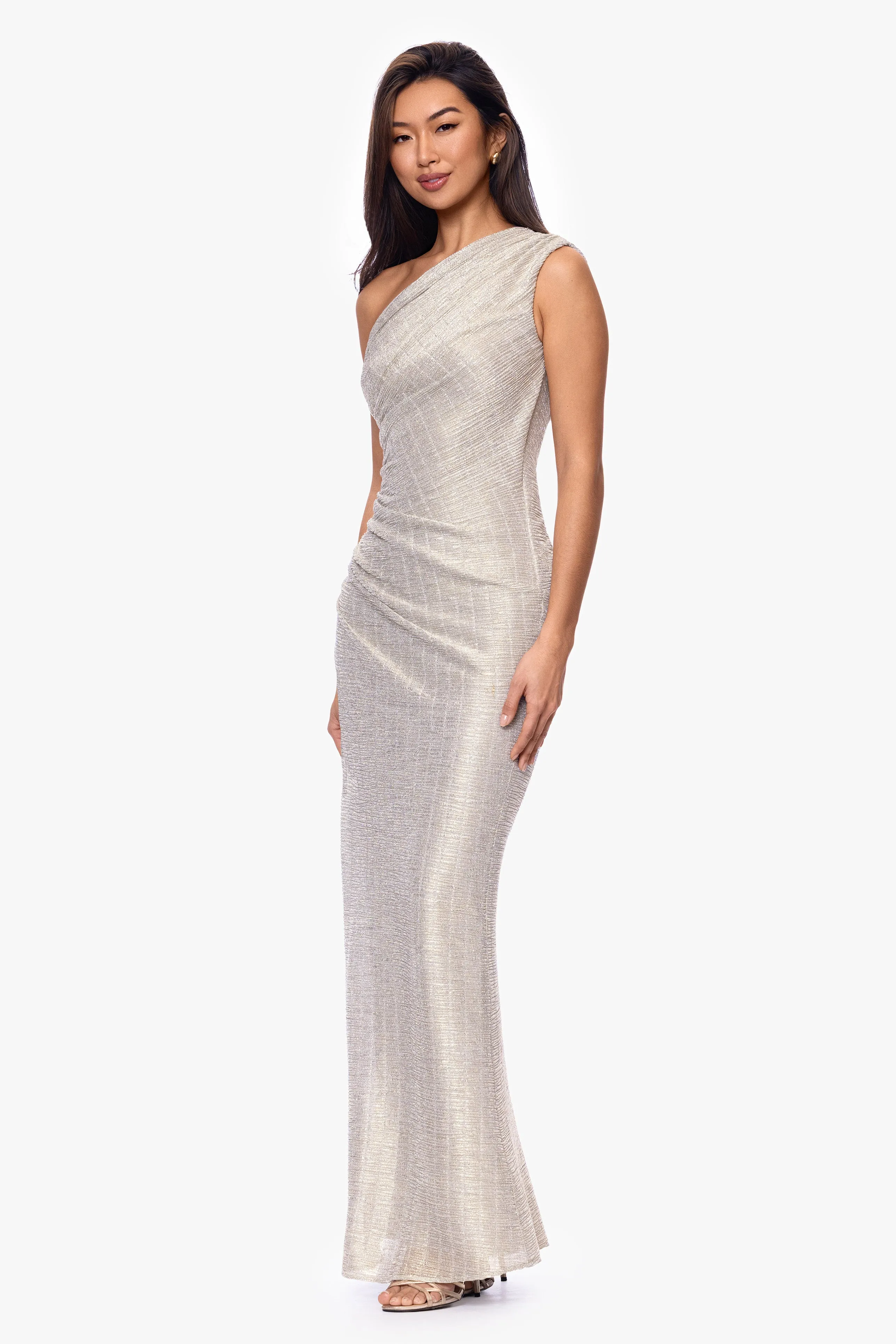 "Avril" Metallic One Shoulder Rouched Floor Length Dress sold by Betsy & Adam product image thumbnail 4
